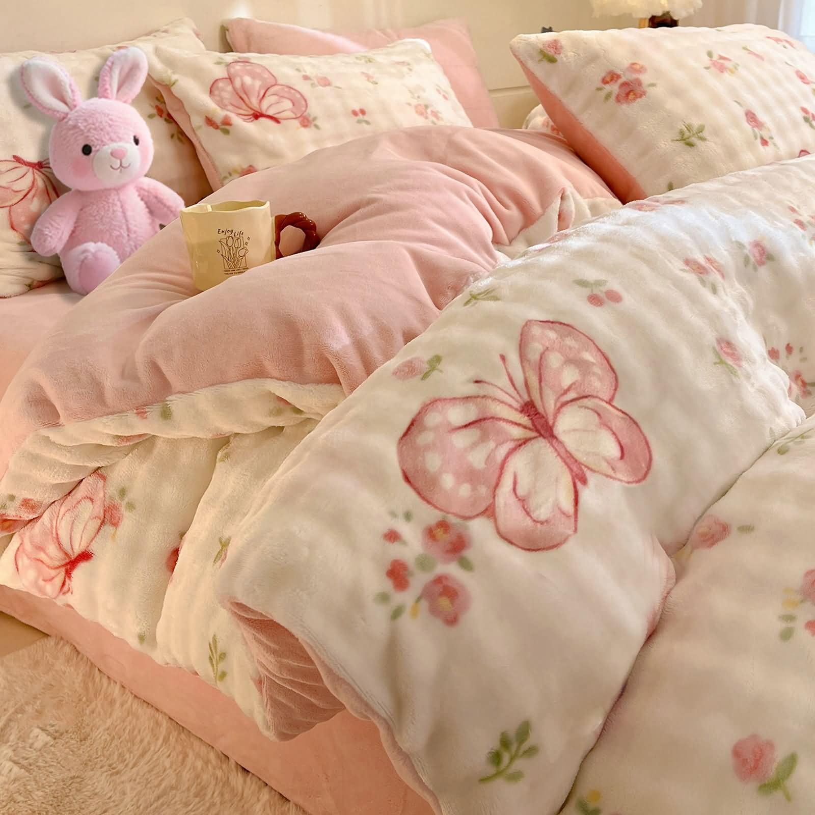 Housse de couette 200x230cm velours parure de lit 4 pièces fleurs et papillons