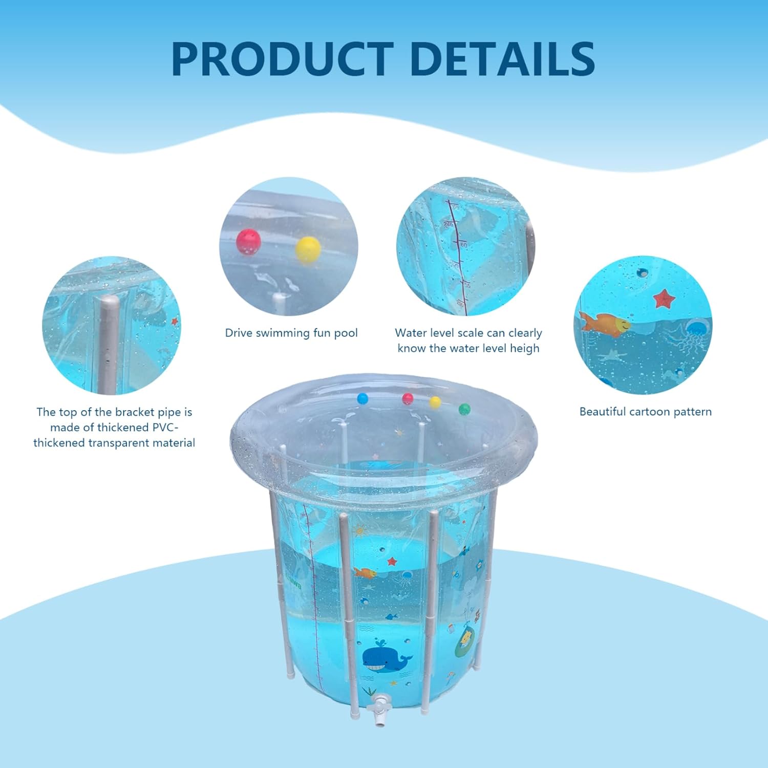 Kiddie Pool 29.5x31.5in Inflatable Baby Pool Cartoon Pattern Baby Swimming with Drainage Transparent Sealed PVC Cooling Todd