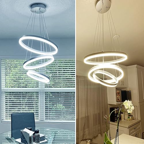 Miniatura 7 de Moderno candelabro LED regulable de 3 anillos con control remoto, lámpara de techo circular plateada para comedor, cocina, sala de estar, entrada,