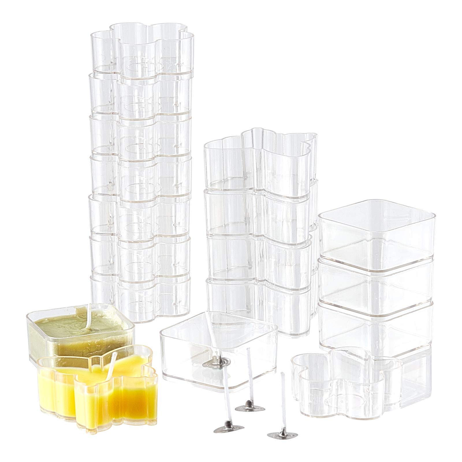 Amazon Co Jp Ph Pandahall キャンドルモールド キャンドル作り 3種 プラスチック 透明 キャンドル ティーライトカップ ワックス 容器 Diy クラフト クリア フラワー バタフライ スクエア ティーライトホルダー 容器 100本キャンドルの芯付き ホビー