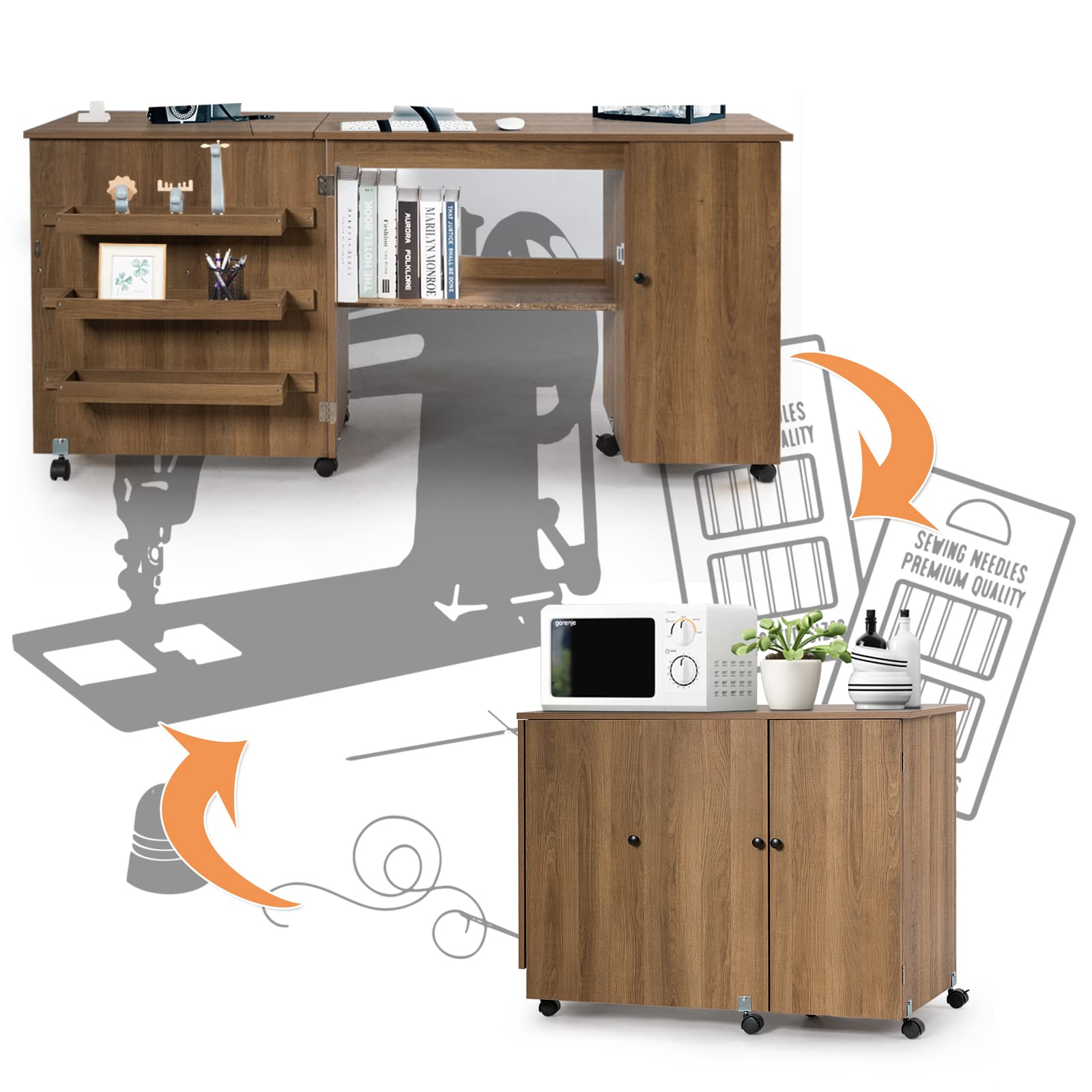 RELAX4LIFE Table de Machine à Coudre Pliable avec 4 Etagères et Armoire Latérale, Armoire à Machine à Coudre avec 6 roulettes et Freins, 158x50x74CM, Blanc/Naturel/Brun (L, Brun)