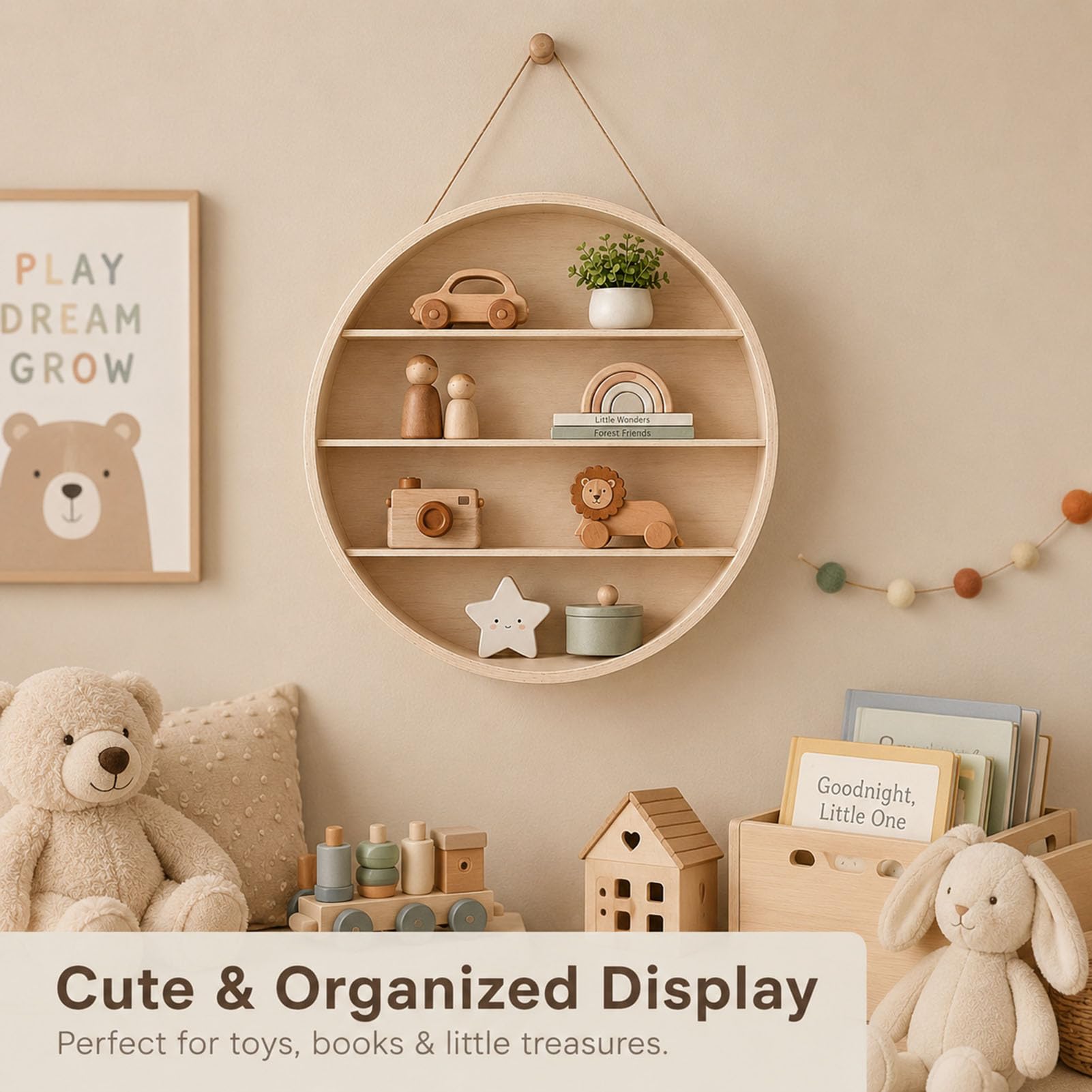Rundes Wandregal Holz 38/55 cm 4-stufiges Schweberegal Wand, dekoratives Aufbewahrungsregal mit 4 Ebenen Hängeregal für Wohnzimmer Schlafzimmer Bad Küche und Kinderzimmer,Natural,38cm