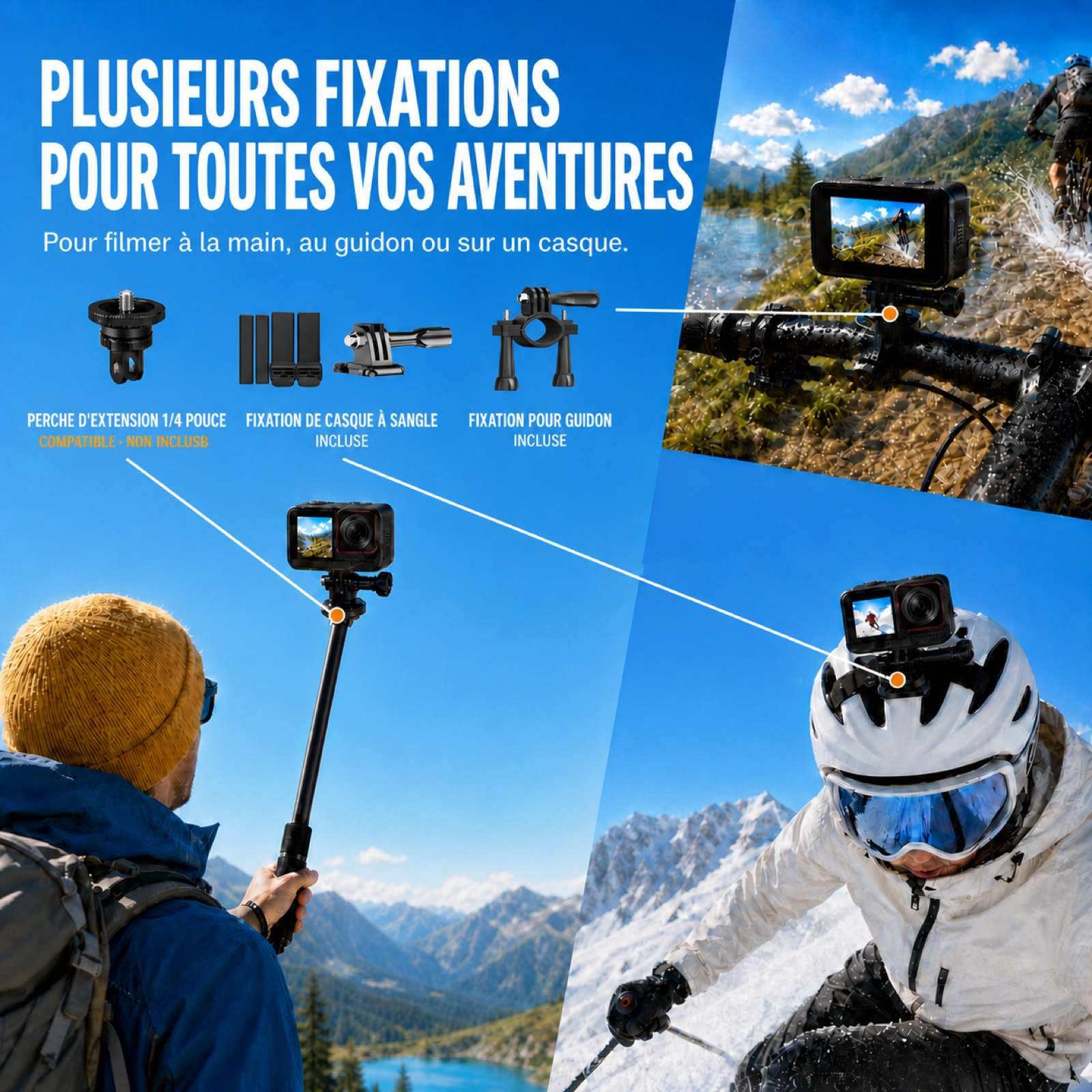 T20M Caméra d'action 4K pour vélo & POV Casque, étanche 5 m sans boîtier, stabilisation EIS 6 Axes, Double écran, 2 Batteries, Station d'accueil et Carte 64 Go