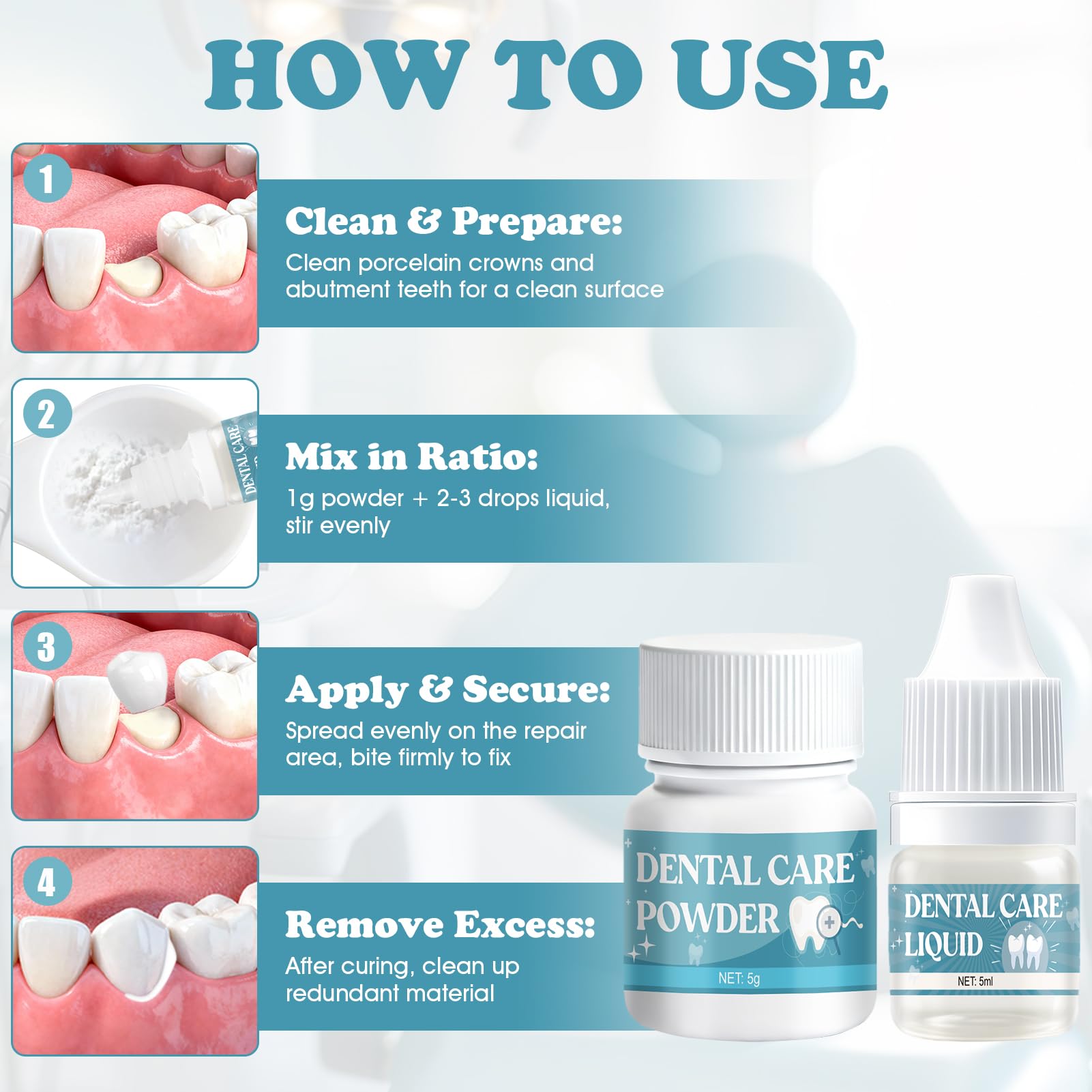 Pegamento Dental Cemento Kit de Fijación para Corona Puente Rellenar Caries