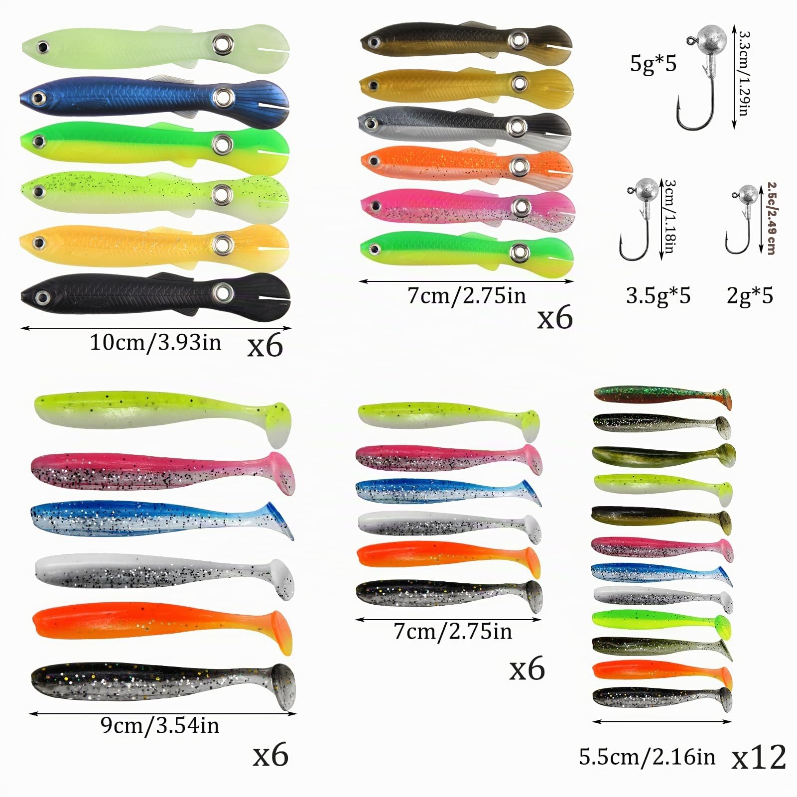 51 Pezzi Set di Esche da Pesca Esche in Silicone con 15 Testine Piombate Spinning e 36 Esche Siliconiche Trota con Scatola Adatto sia per Ambienti di Acqua Dolce che di Acqua Salata