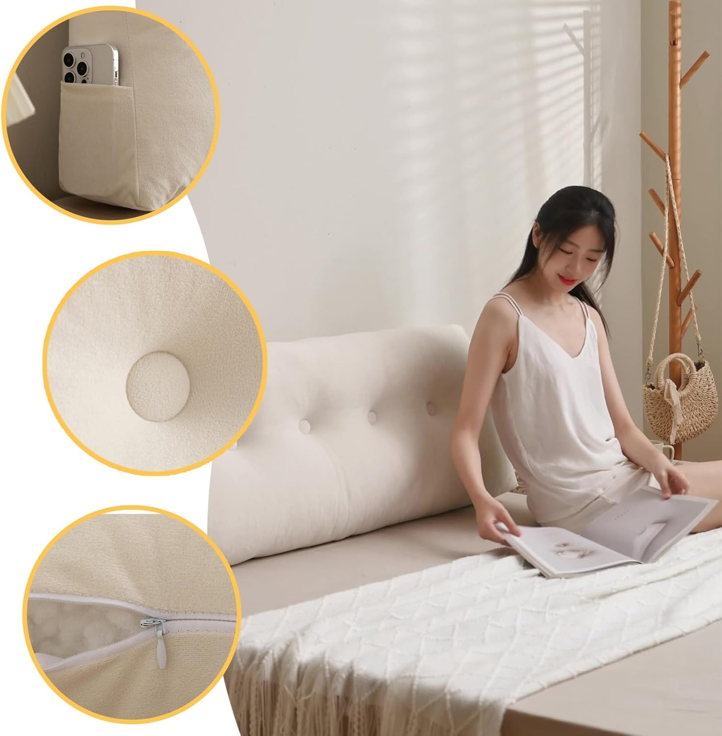 Dorm Headboard Pillows, Wedge Reading Backrest Pillow with Side Pockets, Soft Triangular Bolster Cushion Lumbar Back Support for Sitting in Bed(Orange,60x40x12cm)