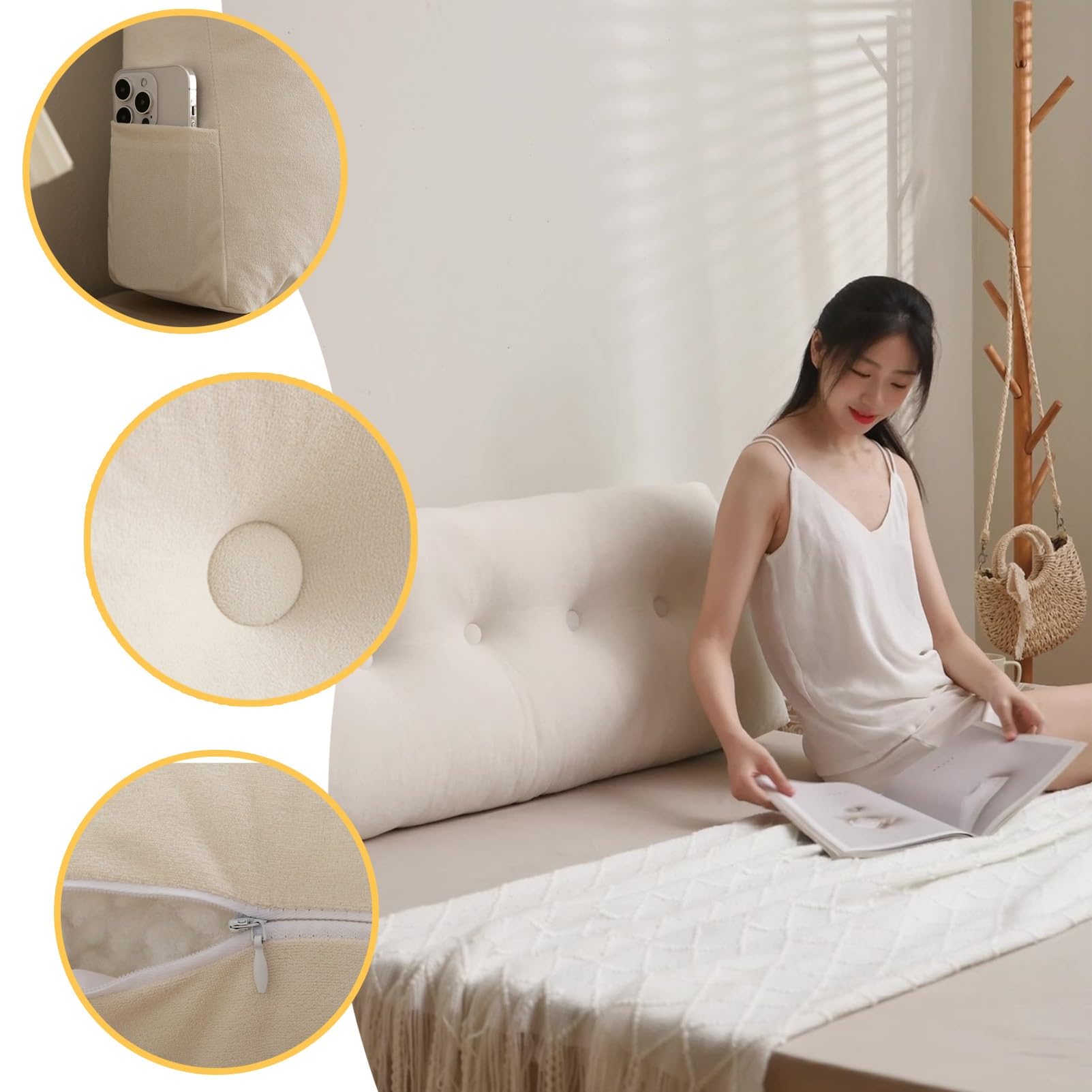 Cuscino da lettura a cuneo, morbido cuscino triangolare con tasche laterali, supporto lombare per sedersi a letto, perfetto per comfort e relax