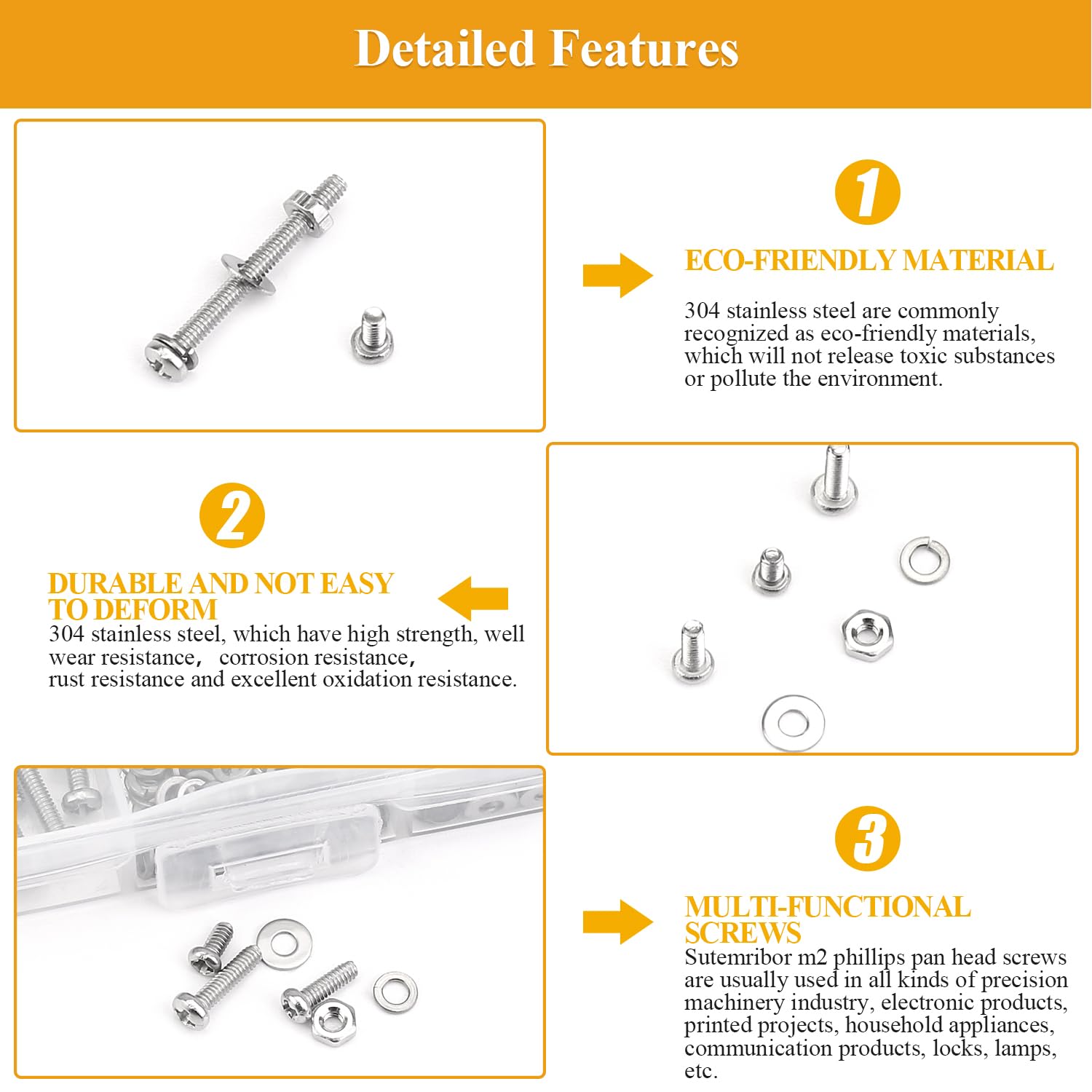 705 Pieces M2 Machine Screws Nuts Washers Set, Sutemribor M2 x 4/6/8/10/12/16/20mm Phillips Pan Head Machine Screws Nuts Washers Assortment Kit, 304 Stainless Steel, Fully Threaded