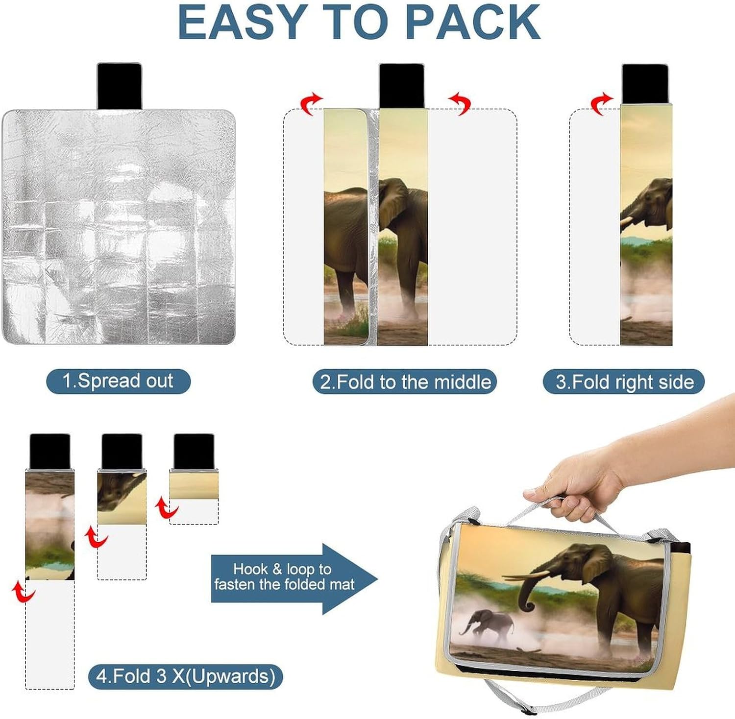 Africa Elephant Waterproof Picnic Blanket 58.3''x58.3'',Portable and Foldable Picnic Mat with Handle,Outdoor Blankets for Lawn Park Beach Travel