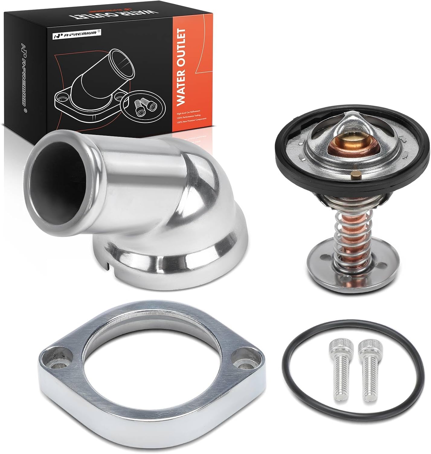 A-Premium Engine Coolant Thermostat Housing Assembly Compatible with Chevy Corvette 2005 2006 2007 2008, 4.8L 5.3L 6.0L, Polished Aluminum, 45° Swivel, with 160° Thermostat and 2 Bolts