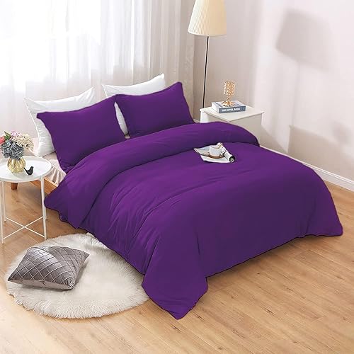 Miniatura 2 de Juego de funda de edredón color morado, tamaño Queen de 90 x 90 pulgadas, de algodón egipcio, suave y transpirable, con cierre de cremallera oculto