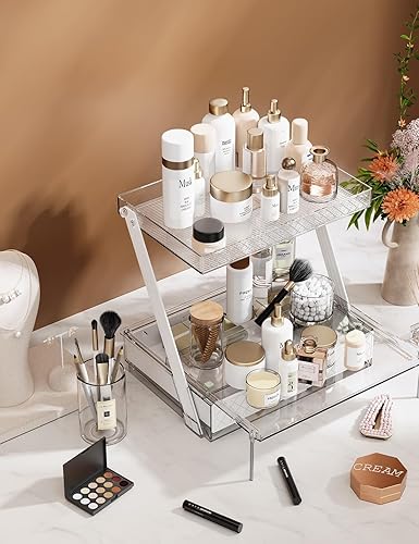 Miniatura 4 de Organizador de encimera de baño en forma de Z, organizador de tocador de 2 niveles con bandeja deslizante y cajón para cuidado de la piel,