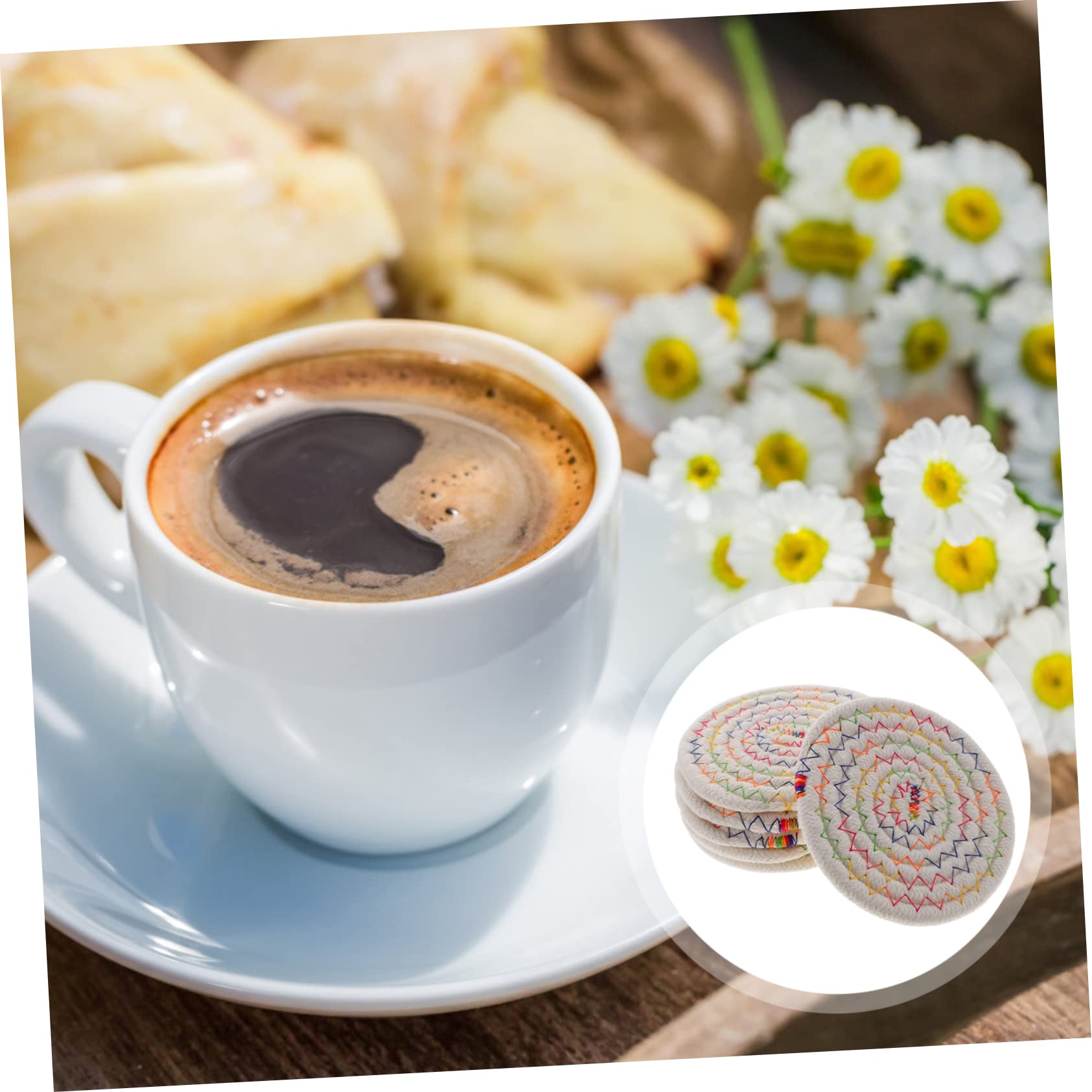 ULTECHNOVO Posavasos Redondos De Algodón Trenzado Resistentes Al Calor Y Antideslizantes con Soporte De Almacenamiento para Tazas Y Decoración del Hogar 6 Piezas X 5