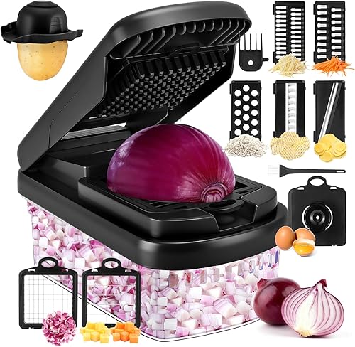 Picador de verduras, picador de alimentos multifuncional 12 en 1, picador profesional de cebolla con 7 cuchillas, cortador de verduras con
