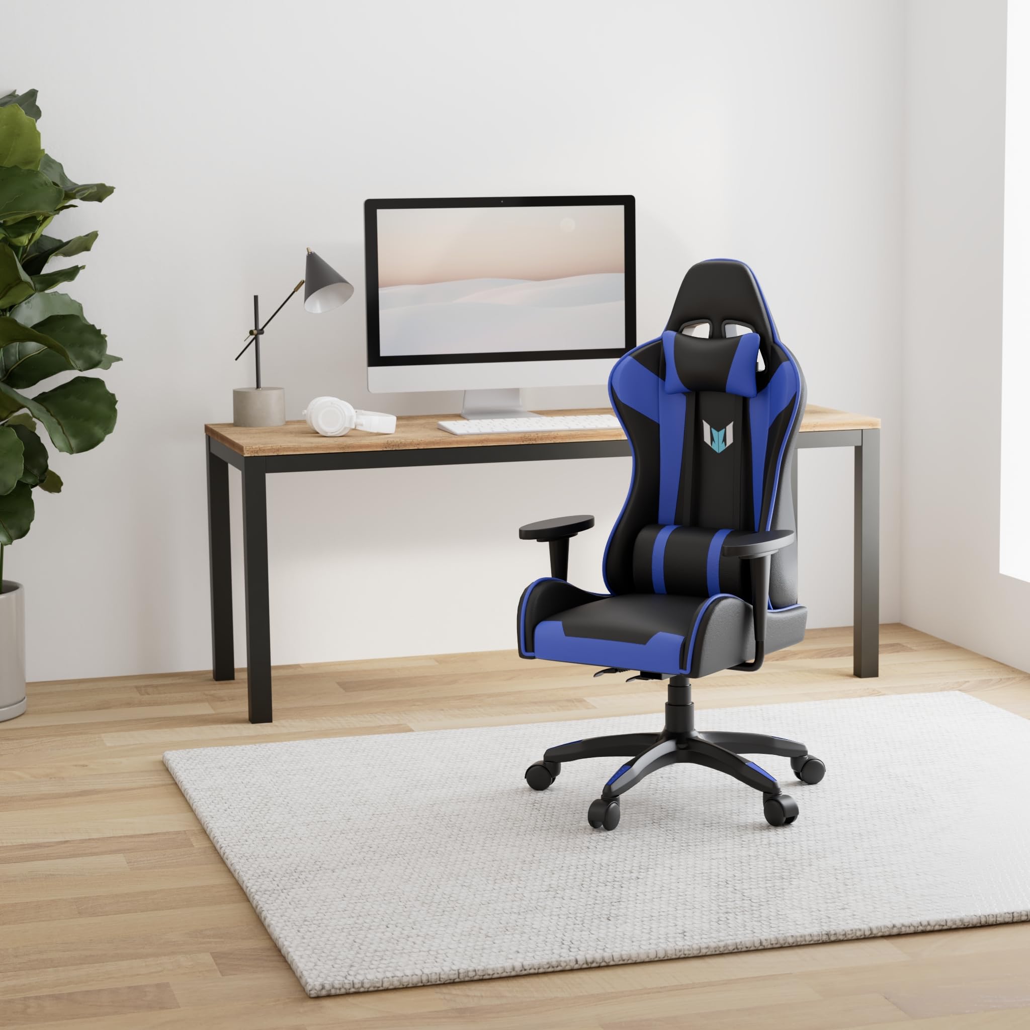 bigzzia Gaming Stuhl Computerstuhl Ergonomisch - Gamer Stühle mit Lendenkissen + Kopfstütze Höhenverstellbar Gaming Chair für Mädchen Junge Erwachsene, Blau