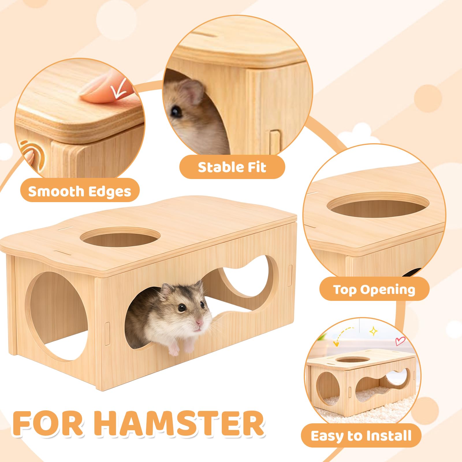 Maison pour Hamster Tunnel en Bois avec fenêtre en Forme de Nuage, Refuge Naturel pour Hamster, Maison de Jeu Hamsters Nains, Accessoire Tunnel Hamsters Nains et syriens (22×11×8)