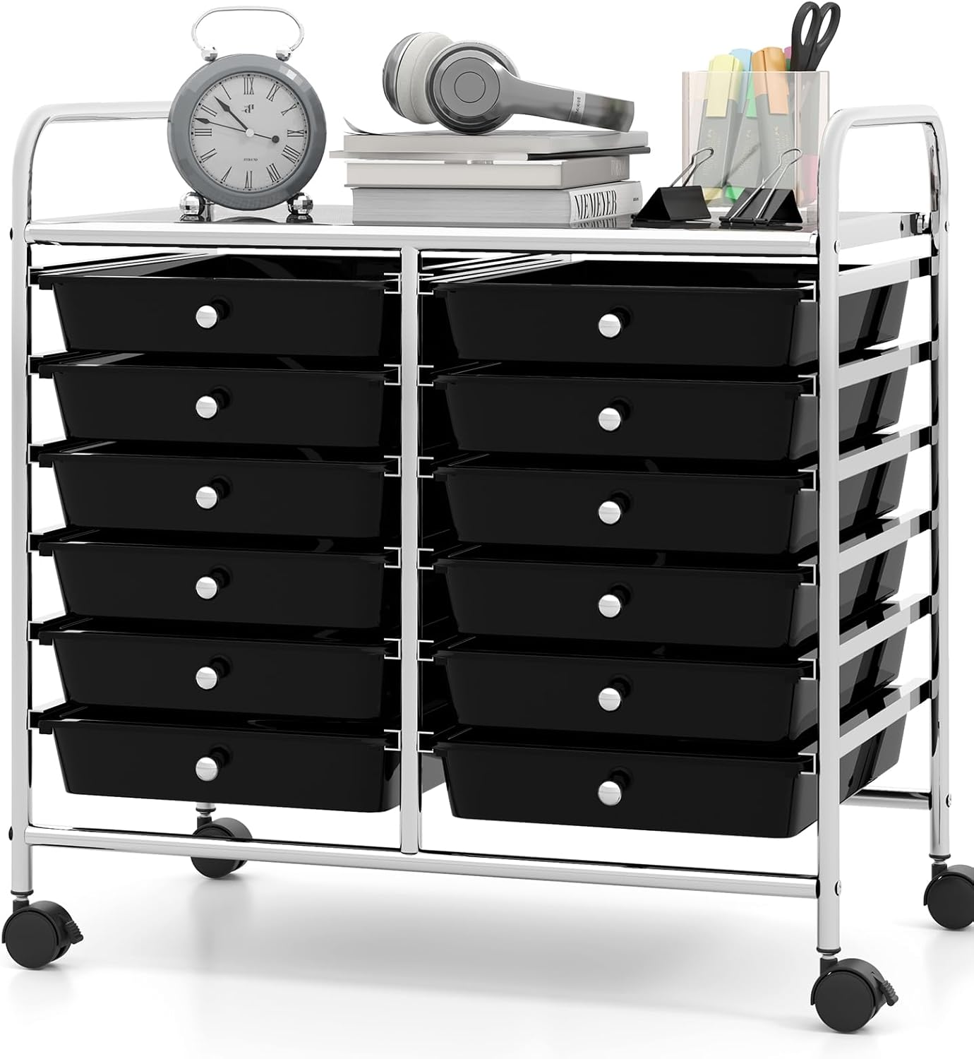 Nightcore Rolling Cart with 12 Drawers, Mobile Utility Storage Cart on Wheels, Classroom Organizer Cart for Office School Supplies Tools Scrapbook Paper Craft Small Printer (Black)