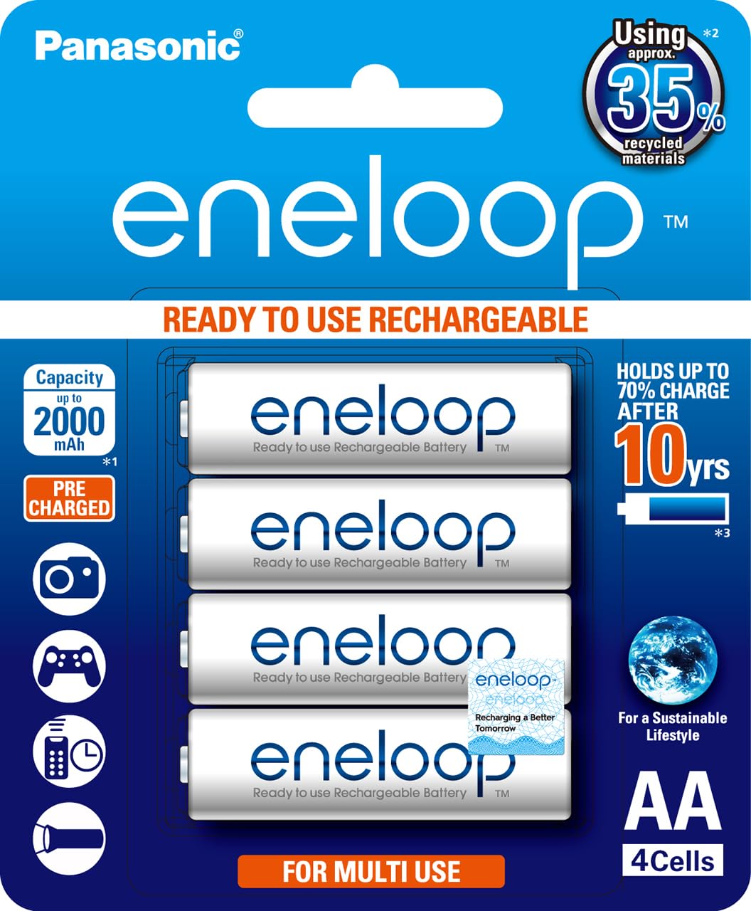 Panasonic Eneloop AA Pre-Charged Rechargeable Batteries, 4-Pack (BK-3MCCE/4BA)