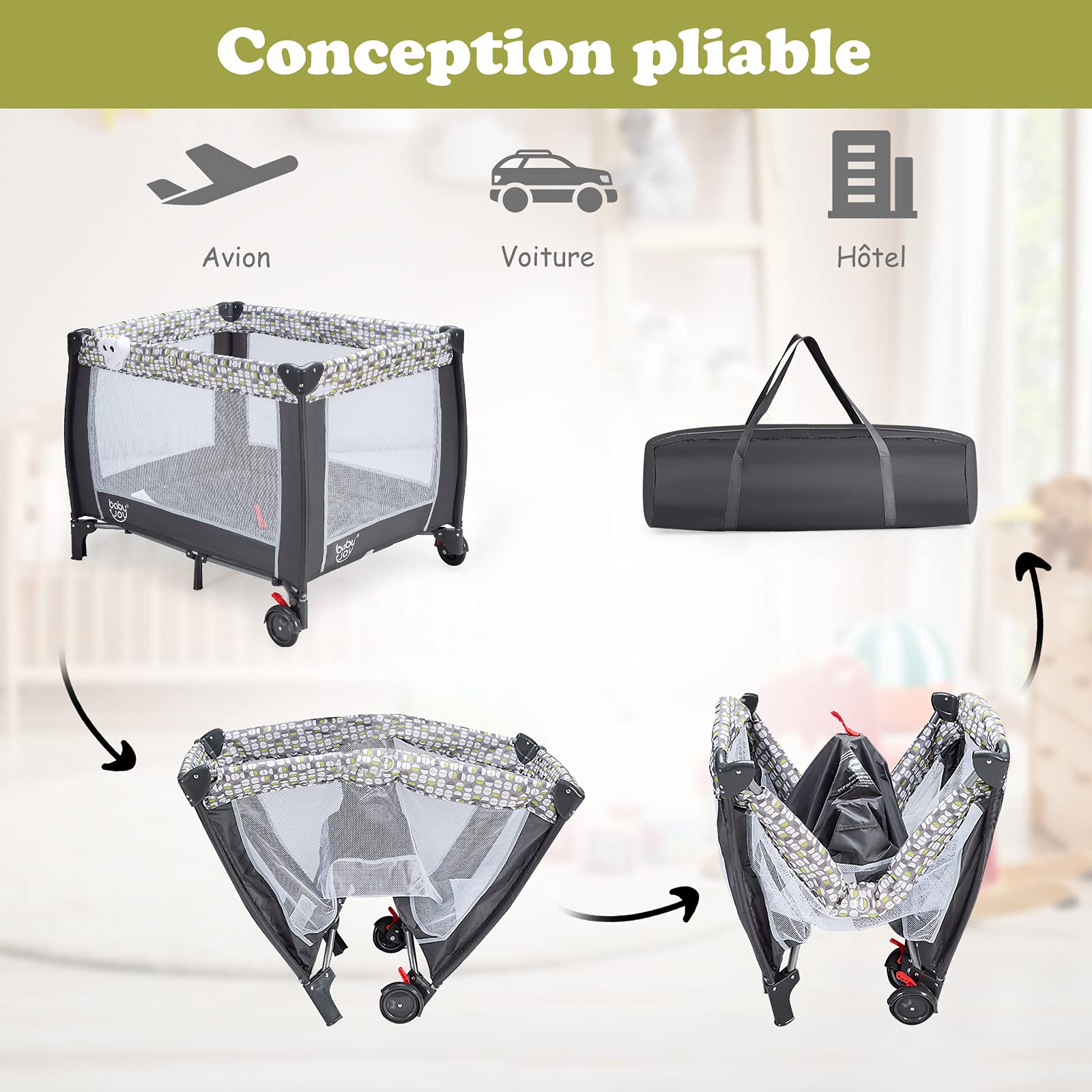 DREAMADE Lit Parapluie Bébé 3 en 1 Lit de Voyage Pliable avec Table à Langer&Auvent Mobile&2 Roues avec Frein&Porte-Couche,0-36 Mois