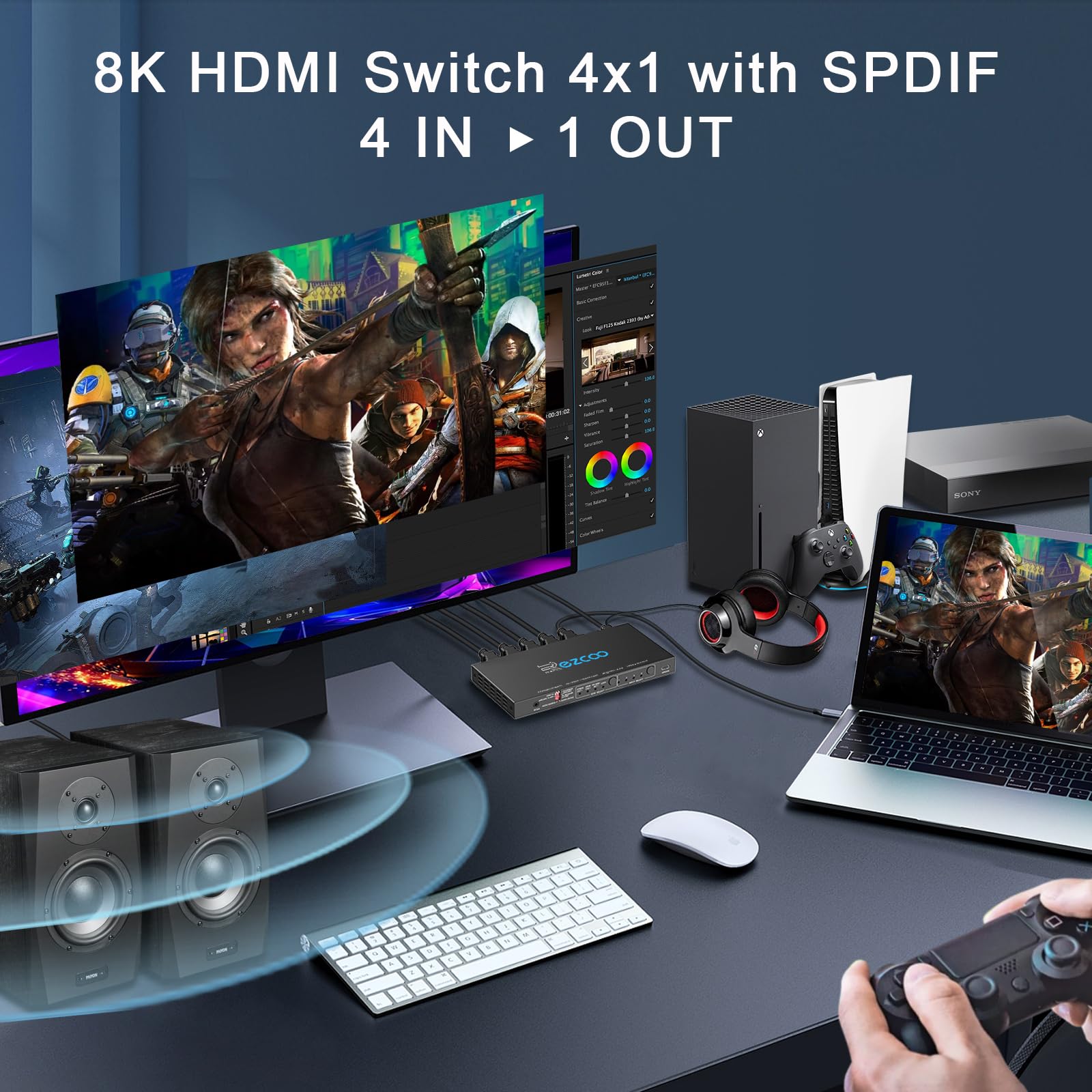 HDMI 2.1 eARC Switch 4K 120Hz 4x1 Estrattore Audio VRR ALLM HDCP2.3 ARC HDR10 Ottico SPDIF Ottico e Uscita Audio da 3.5mm, Commutatore HDMI 4 IN 1 OUT Telecomando IR Dolby Digital EDID per PS5 XBOX NV