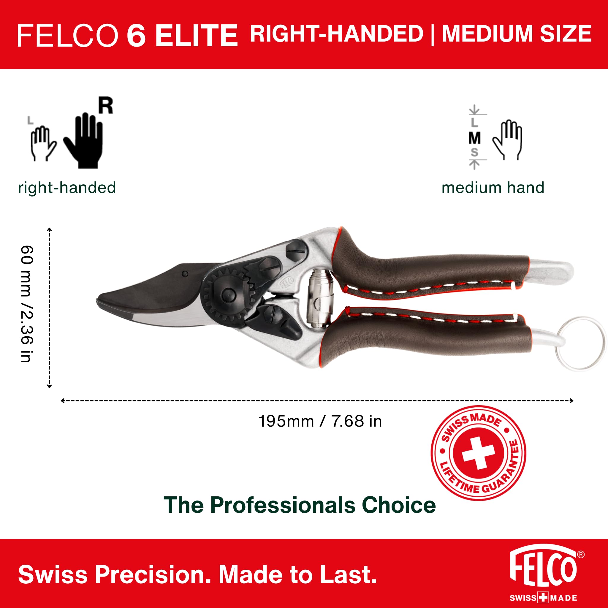 FELCO 6 Elite tijeras de podar para diestros, manos medianas, 20 mm | Versión Elite con mangos de piel suave y cuchilla F-Tech negra, para un agarre elegante y duradero. Swiss Made.