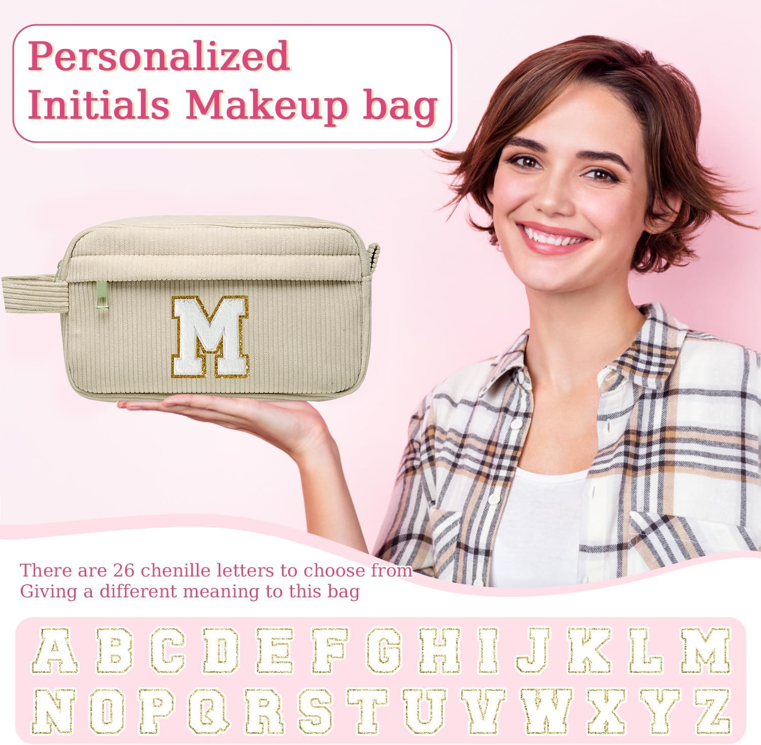 Neceser Maquillaje Mujer Personalizado Inicial, Bolsa de Cosméticos de Viaje, Gran Capacidad Neceser de Maquillaje de Pana, Regalo Cumpleaños Navidad para Mujeres Novias Mejores Amigas, Beige S — view 2