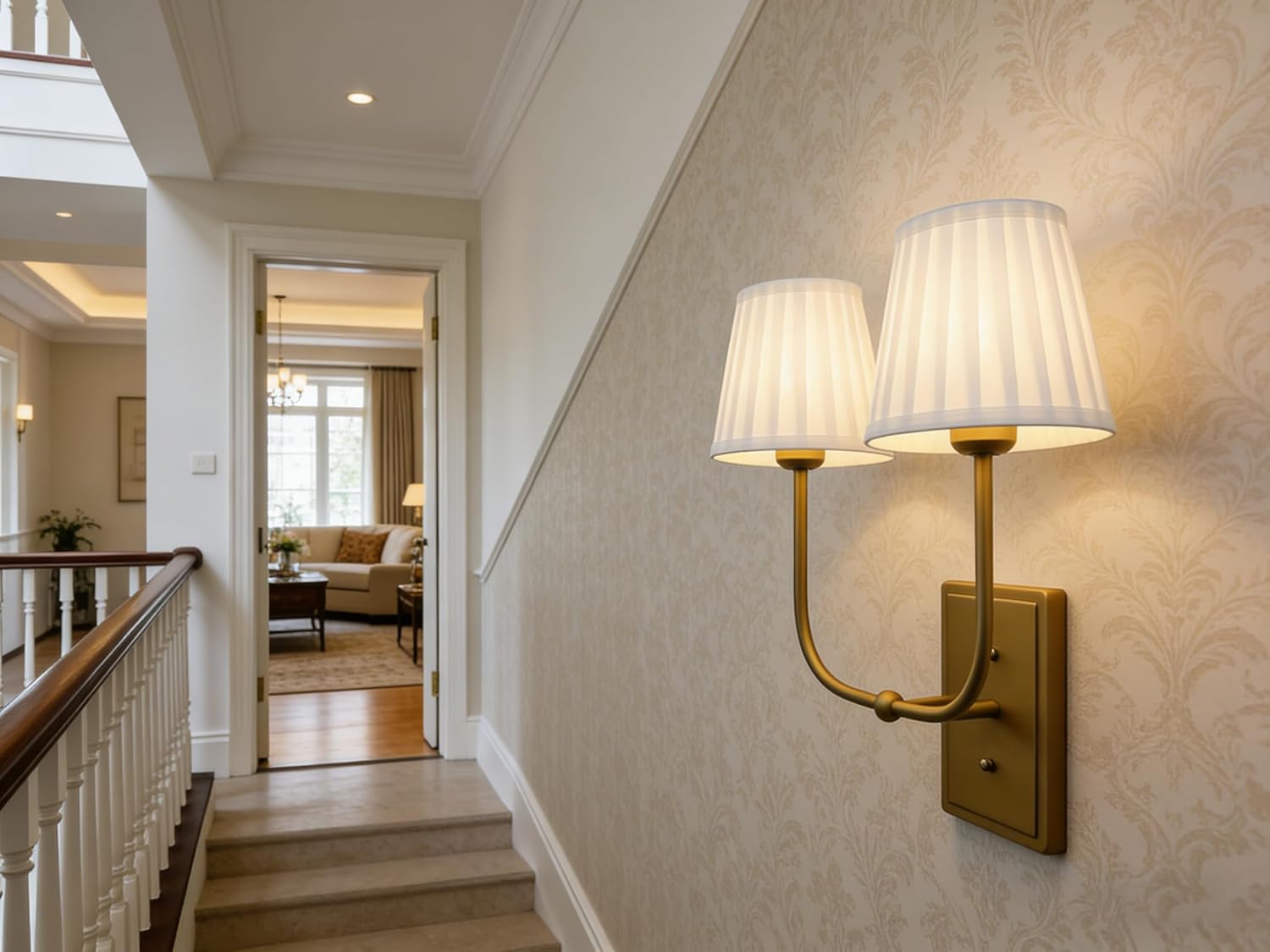 Vintage 2-Lights Wall Sconces with Funnel White Pleated Fabric Shades, Double Head Bathroom Vanity Lights Fixture, Indoor Wall Lamps for Bedroom Living Room Dining Room Hallway