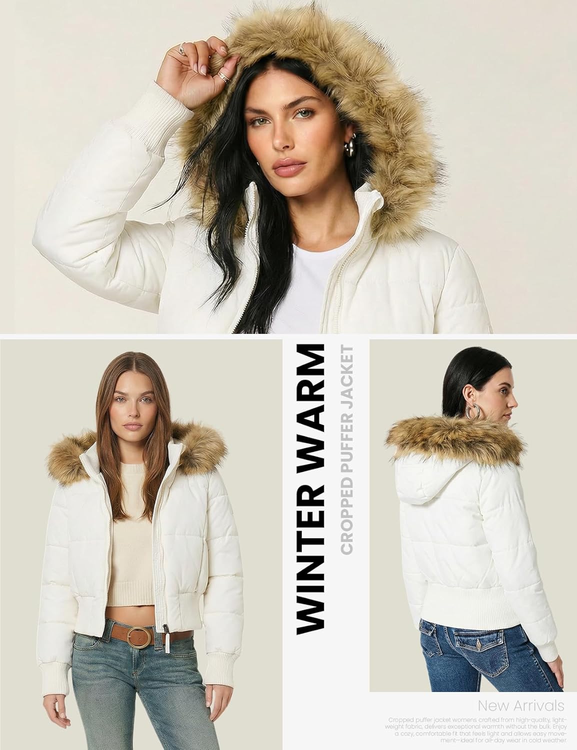 Yimoon Women's Cropped Puffer Jacket Winter Warm Quilted Jacket Faux Fur Hooded Puffer Bomber Padded Coat - Image 2