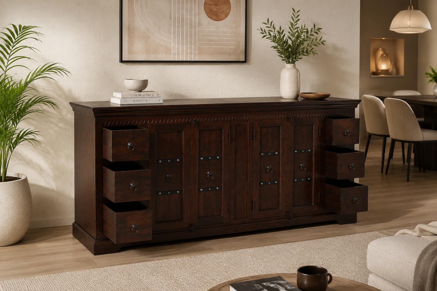 Solid Wood Sideboard Cabinet | Large Storage Console with 6 Drawers & 4 Door Cabinets | Rustic Farmhouse Buffet Cabinet for Living Room & Dining Room | Walnut Finish | 212 × 50 × 90 cm-image-34
