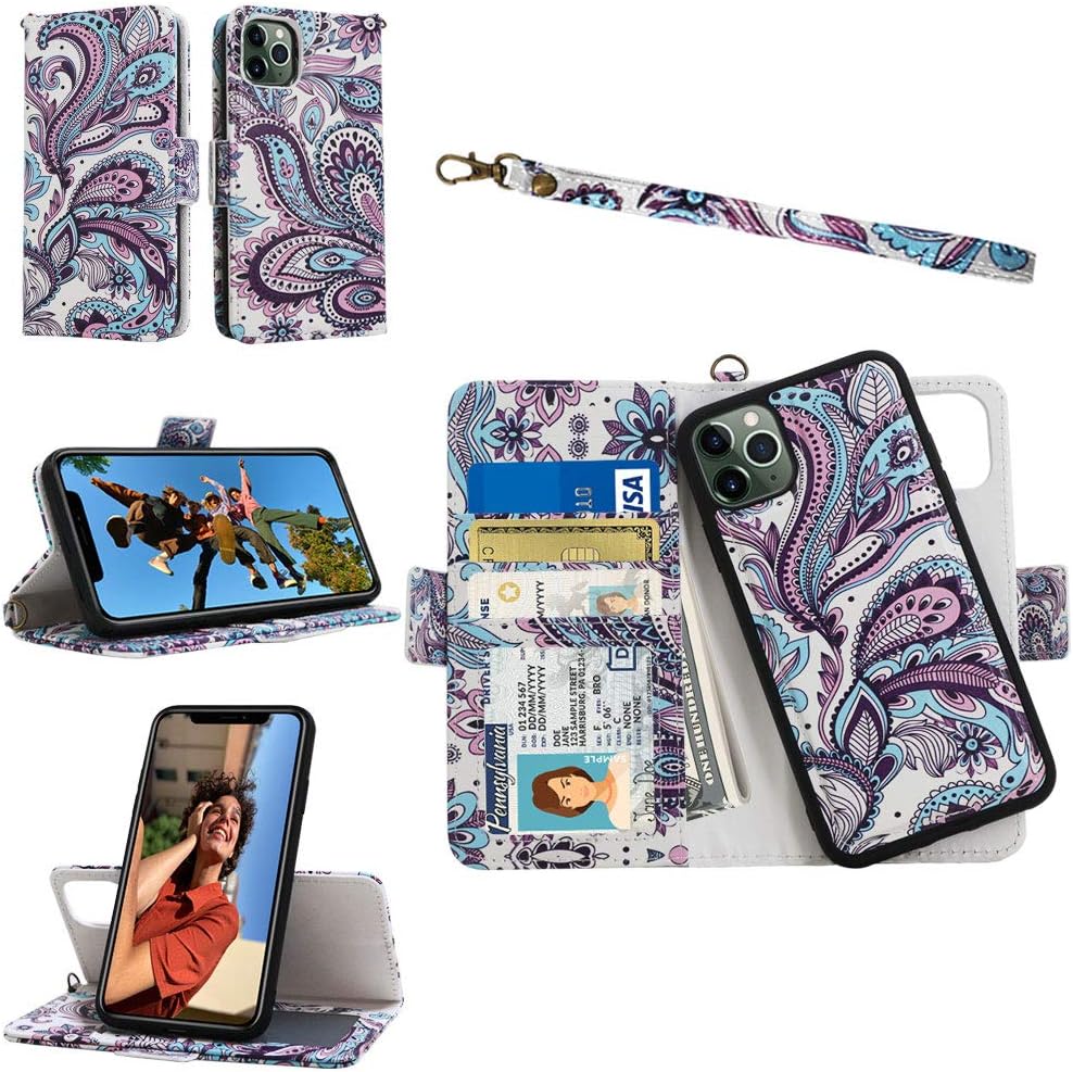 Samgg iPhone 11 Pro Detachable Wallet Case with Tempered Glass and Wrist Strap, 2-Way Stand, Card Slot, Magnetic Closure, Durable Leather Folio Flip Case for 5.8" Apple iPhone 11 Pro (Peacock)