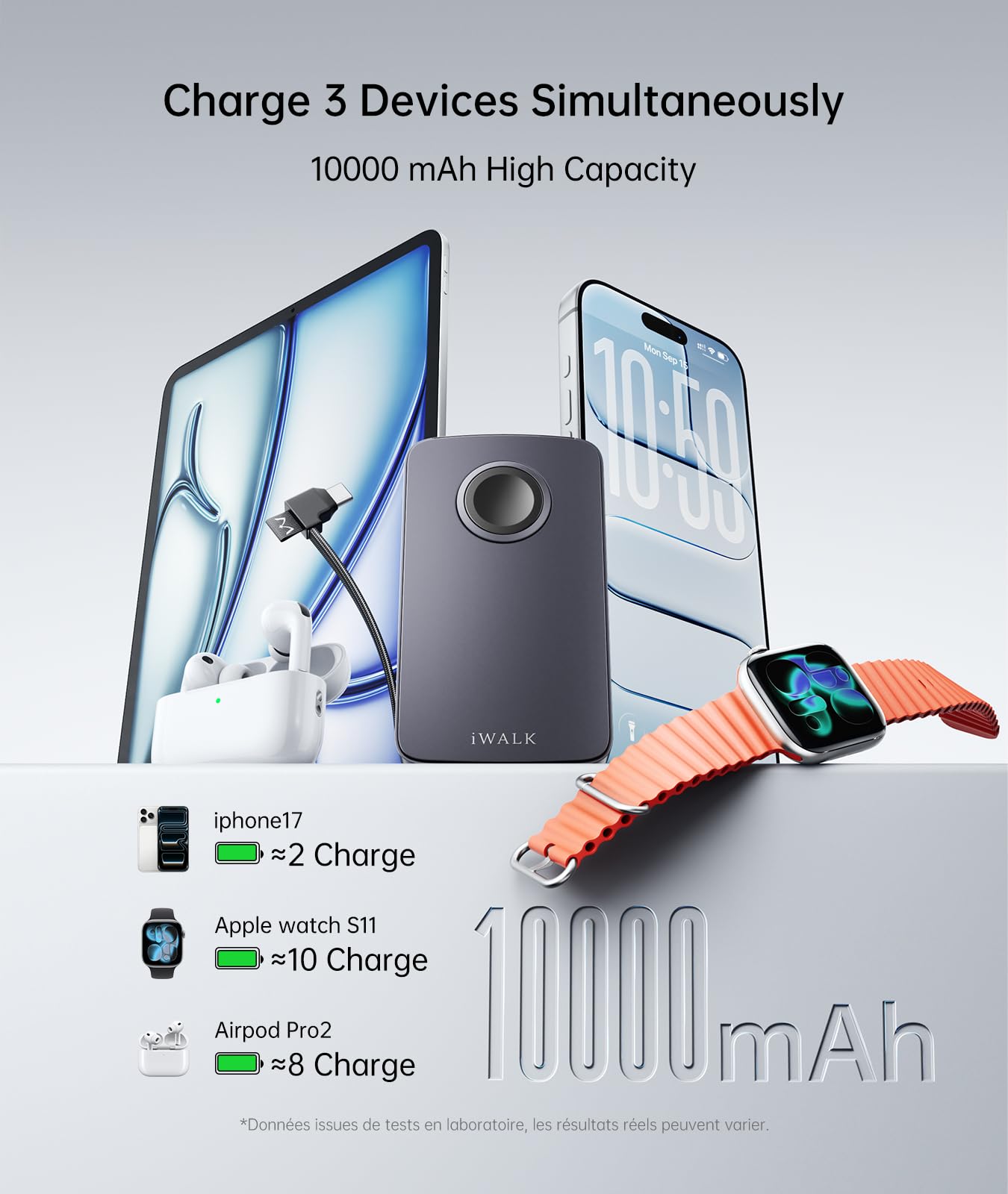 iWALK Batterie Externe 10000mAh pour Apple Watch & iPhone,Gris | USB-C Câble, Charge Rapide PD 30W, 5W pour Apple Watch, LED Display, Design Aluminium Premium,