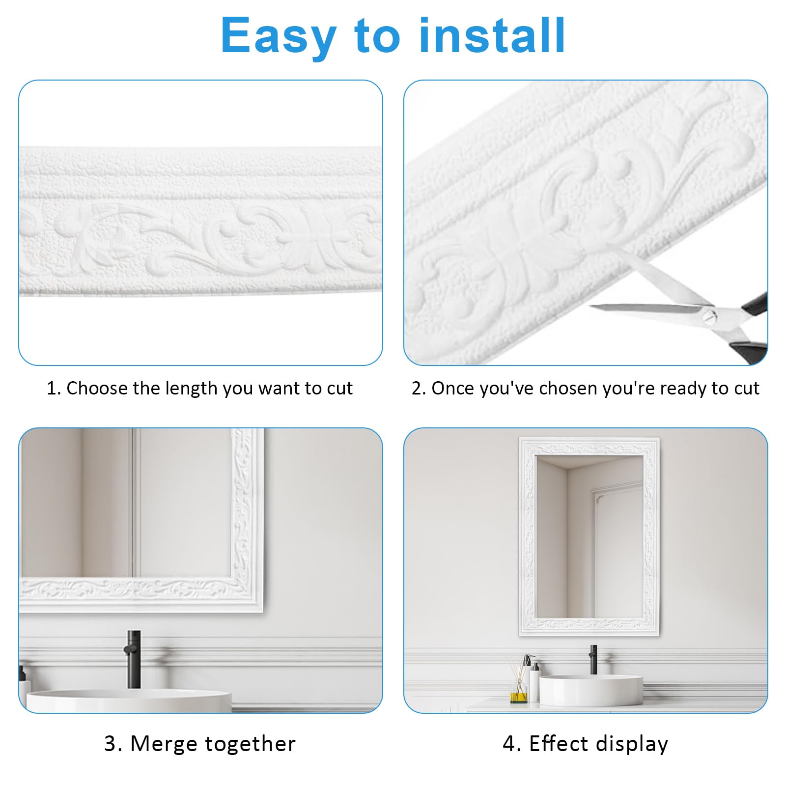 Molduras de estuco para techo autoadhesivas blancas – 8 cm (ancho) x 5 mm (profundidad) x 10 m (largo) – Molduras decorativas 3D autoadhesivas, molduras de estuco para pared, resistente al agua