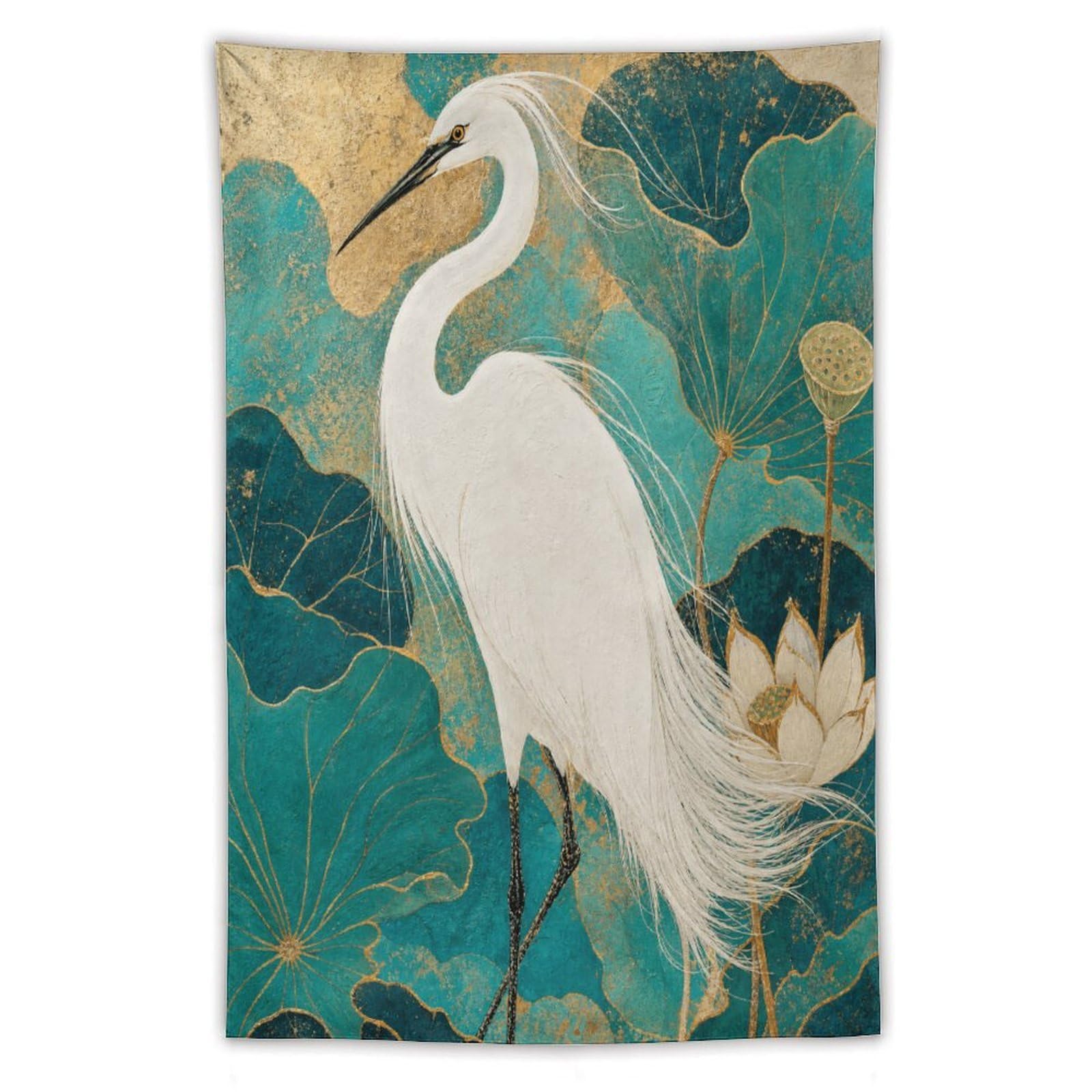 W7C8U2X3 White Egret and Lotus Wall Tapestry, Asian Ink Style, Asian Art
