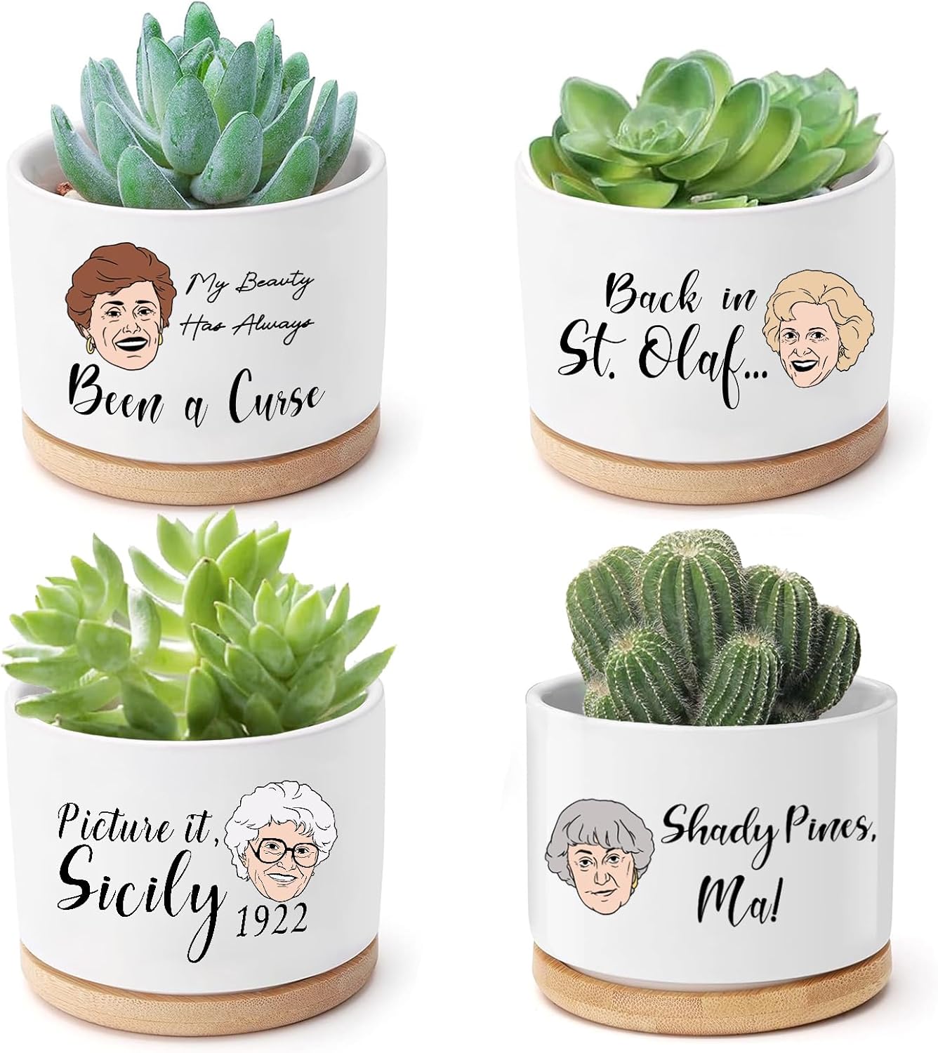 Mikopei Golden Girls Merchandise - Funny Succulent Pots Set of 4, Golden Girls Gifts for Women, Ceramic Mini Cute Planters with Bamboo Tray for Office Desk Indoor Decorations