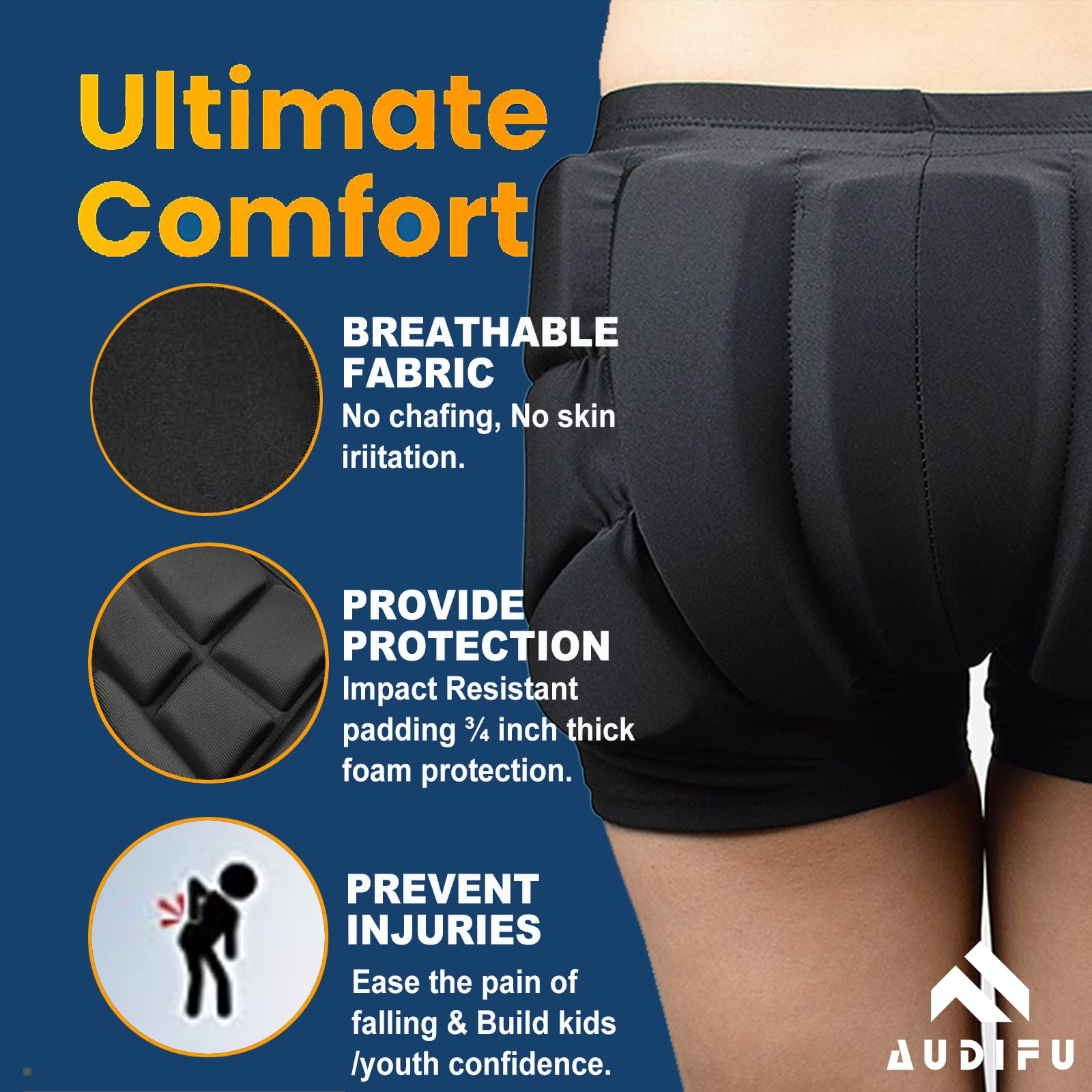 AUDIFU Kids Butt Pad Shorts for Skating Snowboarding Ski, Hip Protective Padded Shorts for Youth Child (Small)
