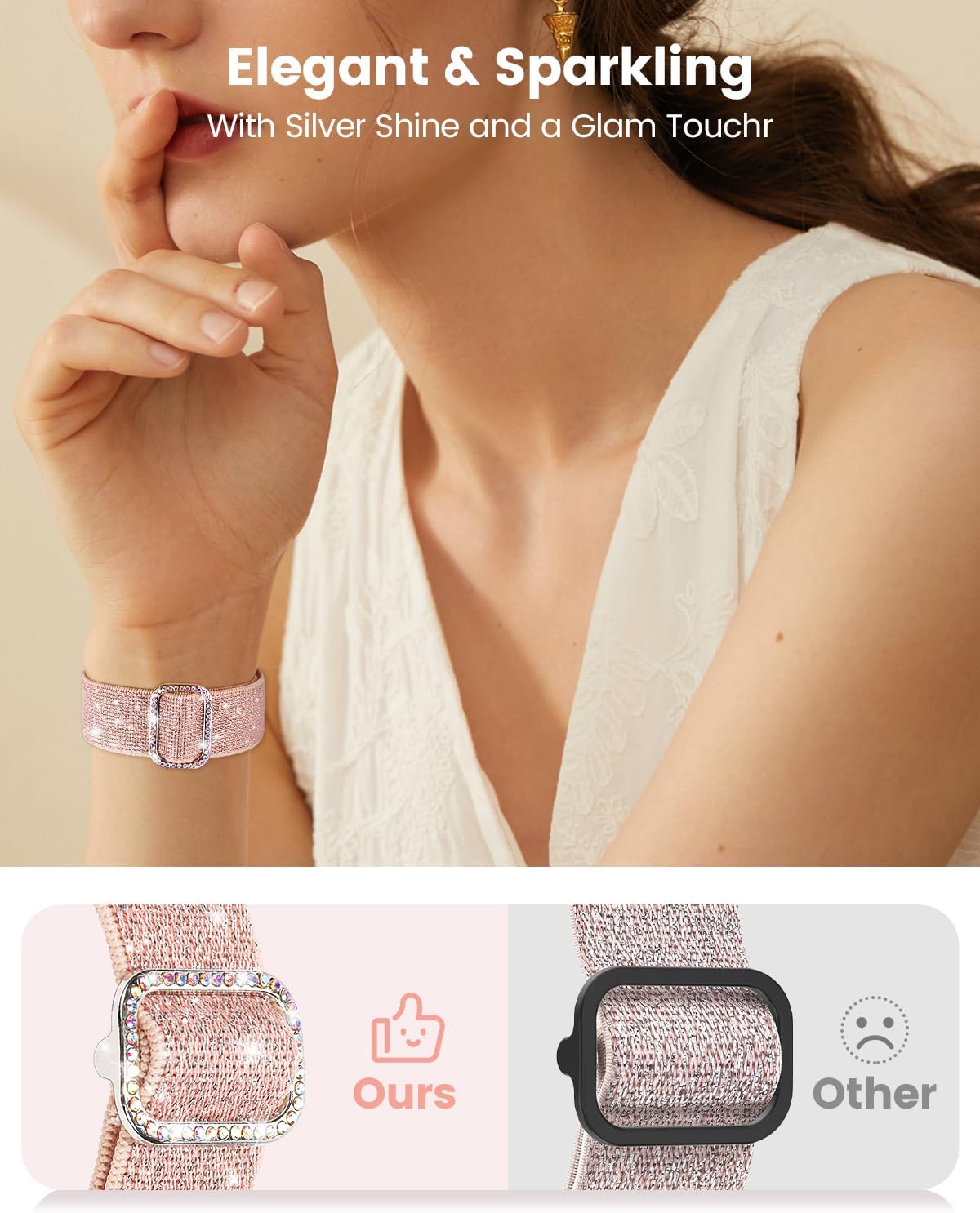 Bling Stretchy Band Compatible with Fitbit Versa 4/Fitbit Versa 3/Fitbit Sense/Sense 2 Bands for Women, Soft Adjustable Elastic Glitter Solo Loop Nylon Strap for Fitbit Versa 4 Bands - Image 2