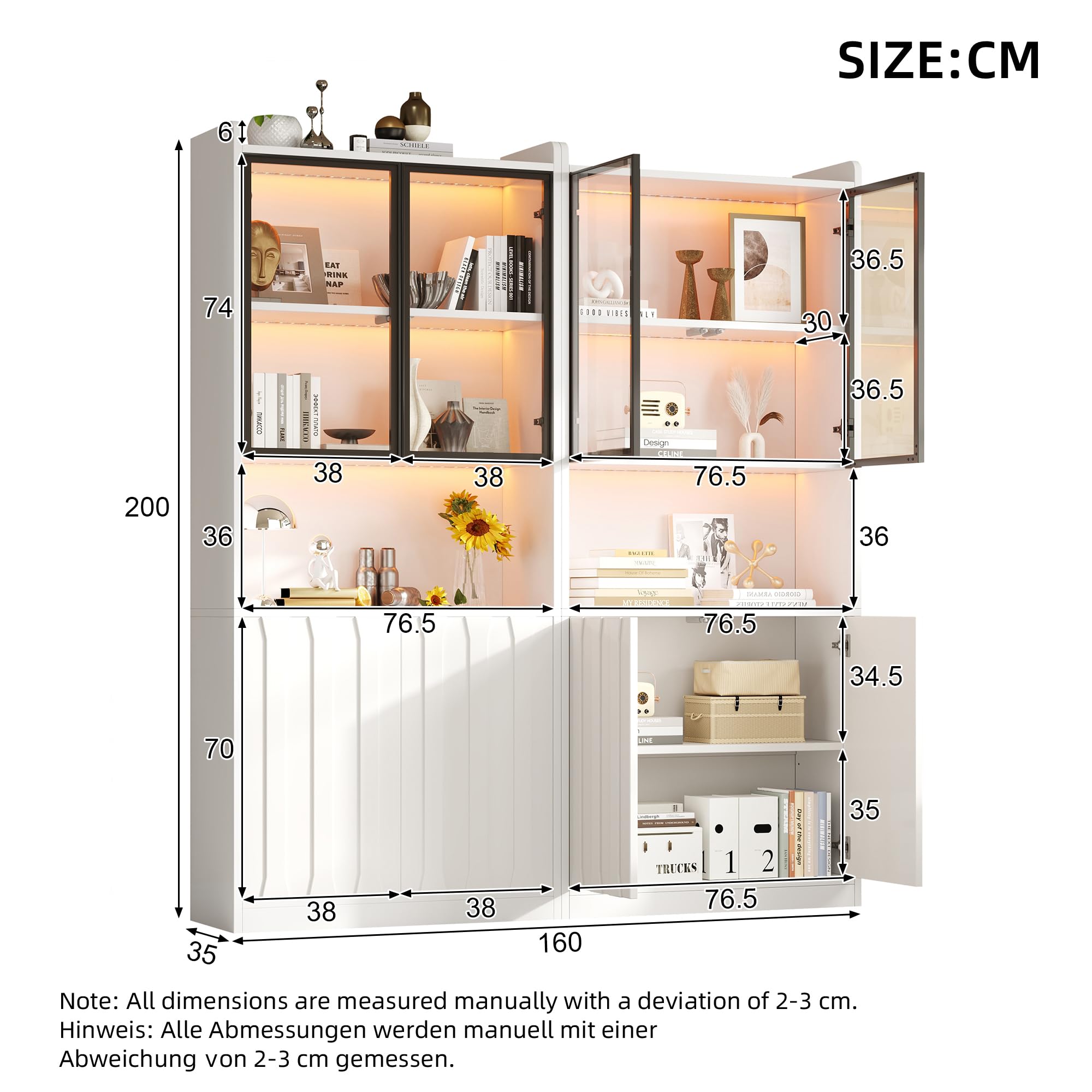 Kebnor Set di 2 vetrine a LED, armadietto alto con ante in vetro, con LED e partizione aperta, armadio per soggiorno con ante in vetro, cucina, ingresso, bianco, 160 x 35 x 200 cm