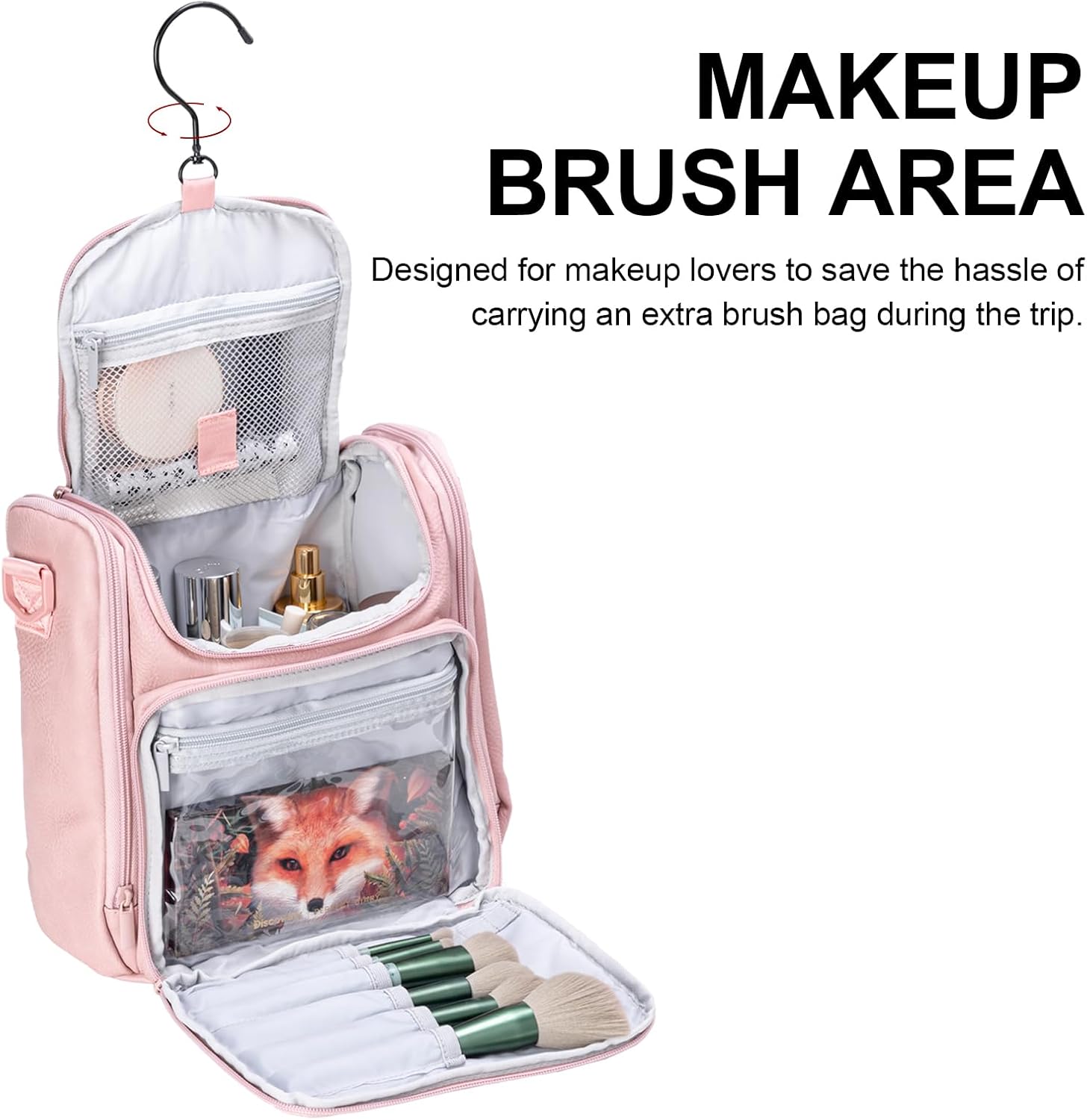 Large Toiletry Bag for Women, Hanging Leather Travel Makeup Bag with 360° Hook and Shoulder Strap, Travel Organizer for Full Sized Container, Toiletries, Brushes (Pink) - Image 4