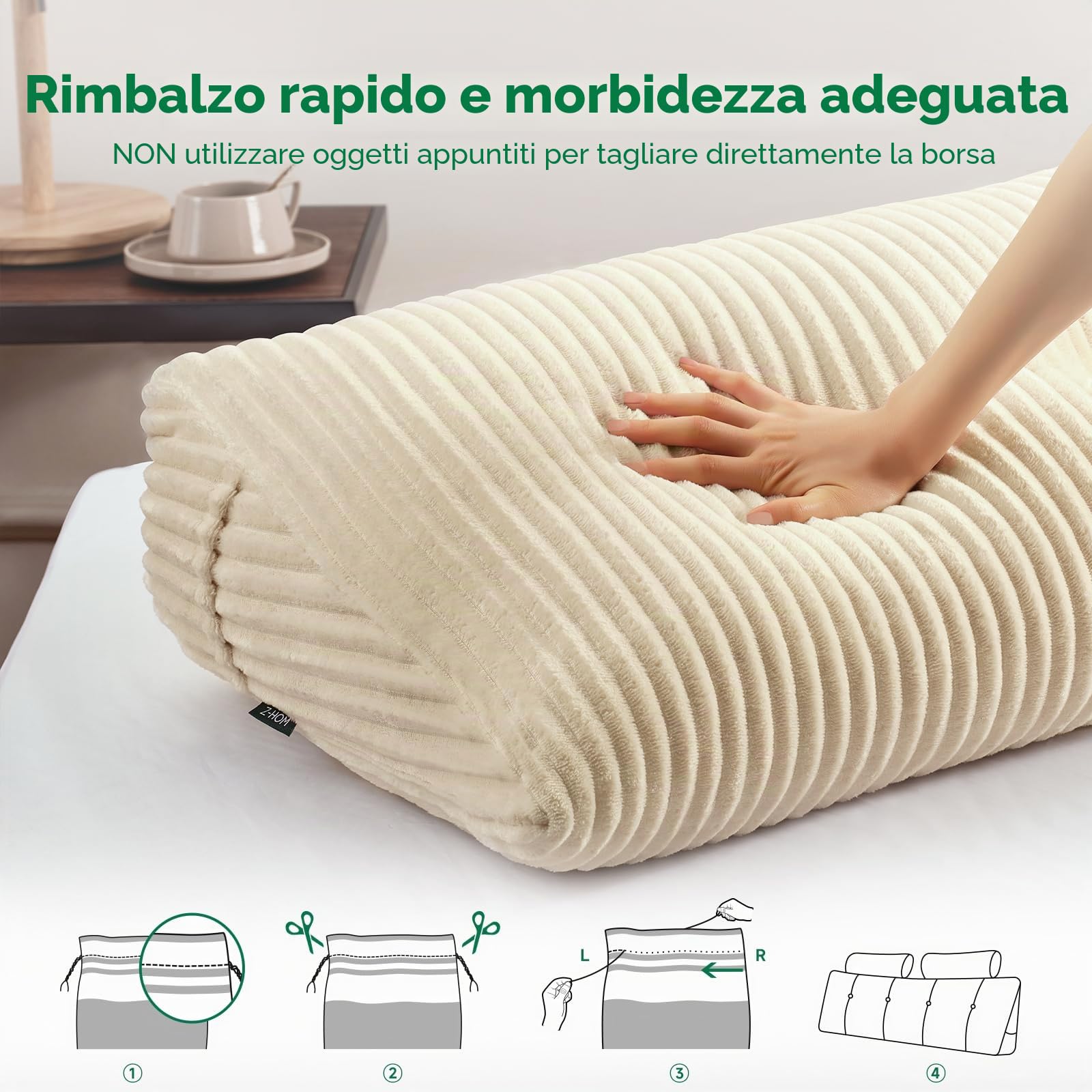 Z-hom Cuscino Schienale, Cuscino triangolare per testiera con fodera rimovibile, Cuscino da lettura per letto, cuscino schienale divano, cuscino da lettura, crema (150 x 50 x 20 cm)