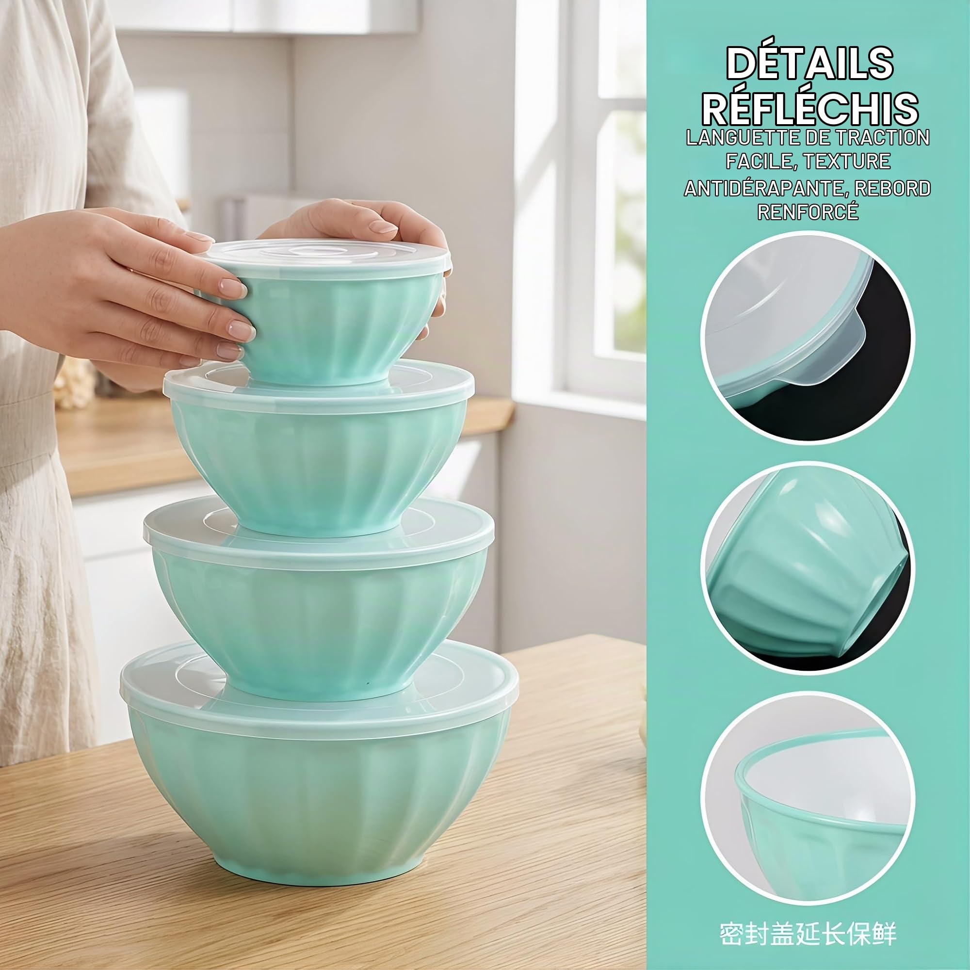 Lot de 4 saladiers en plastique avec couvercle (1,5 l/2,5 l/3,5 l/5,5 l) - Grand bol mélangeur empilable pour le rangement, le camping, la cuisine