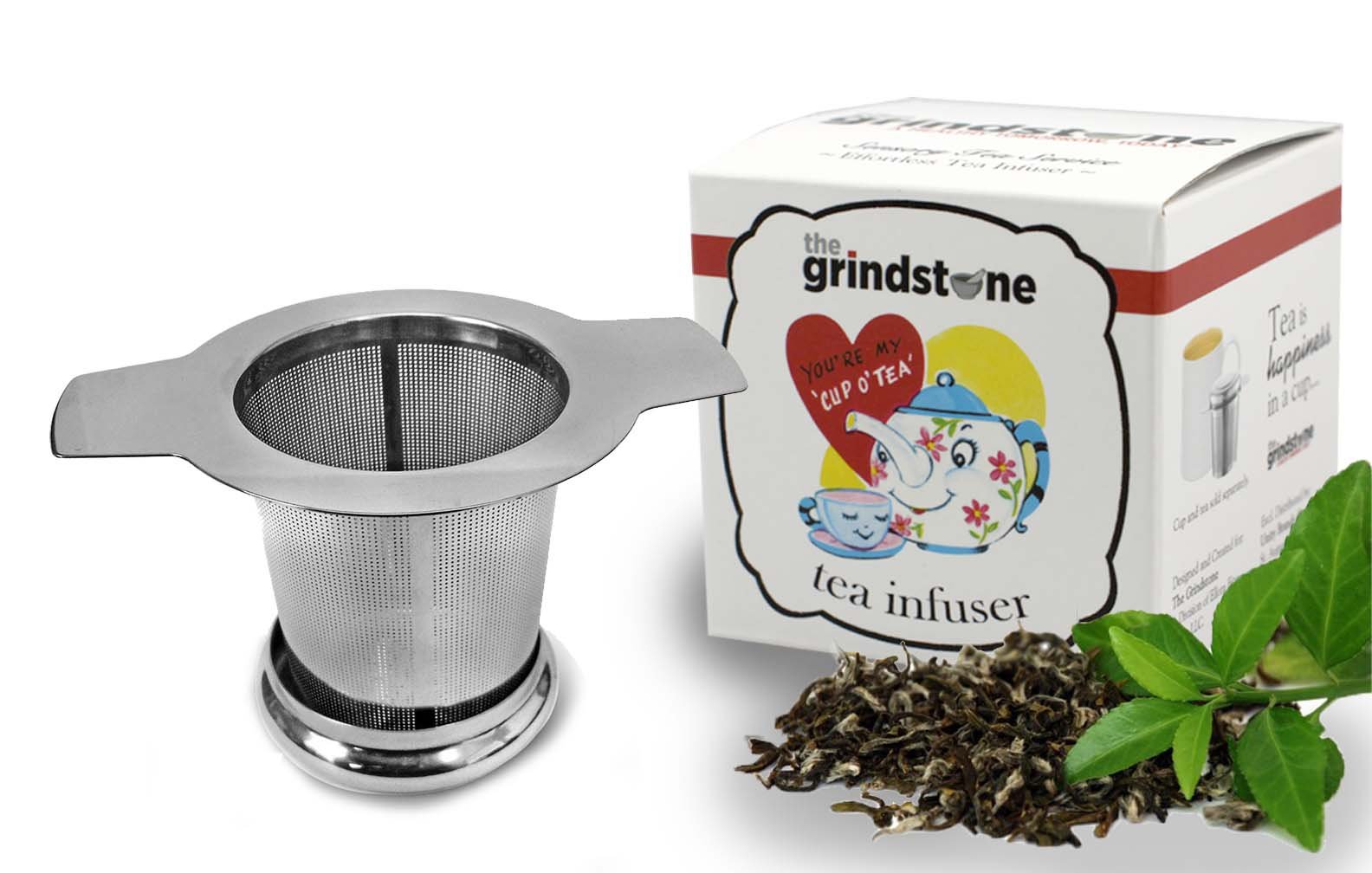 Grindstone effortless tea infuser, stainless steel extra-fine mesh, brew-in-Mug tea strainer with lid, tea or coffee steeping, Box Pack of 1