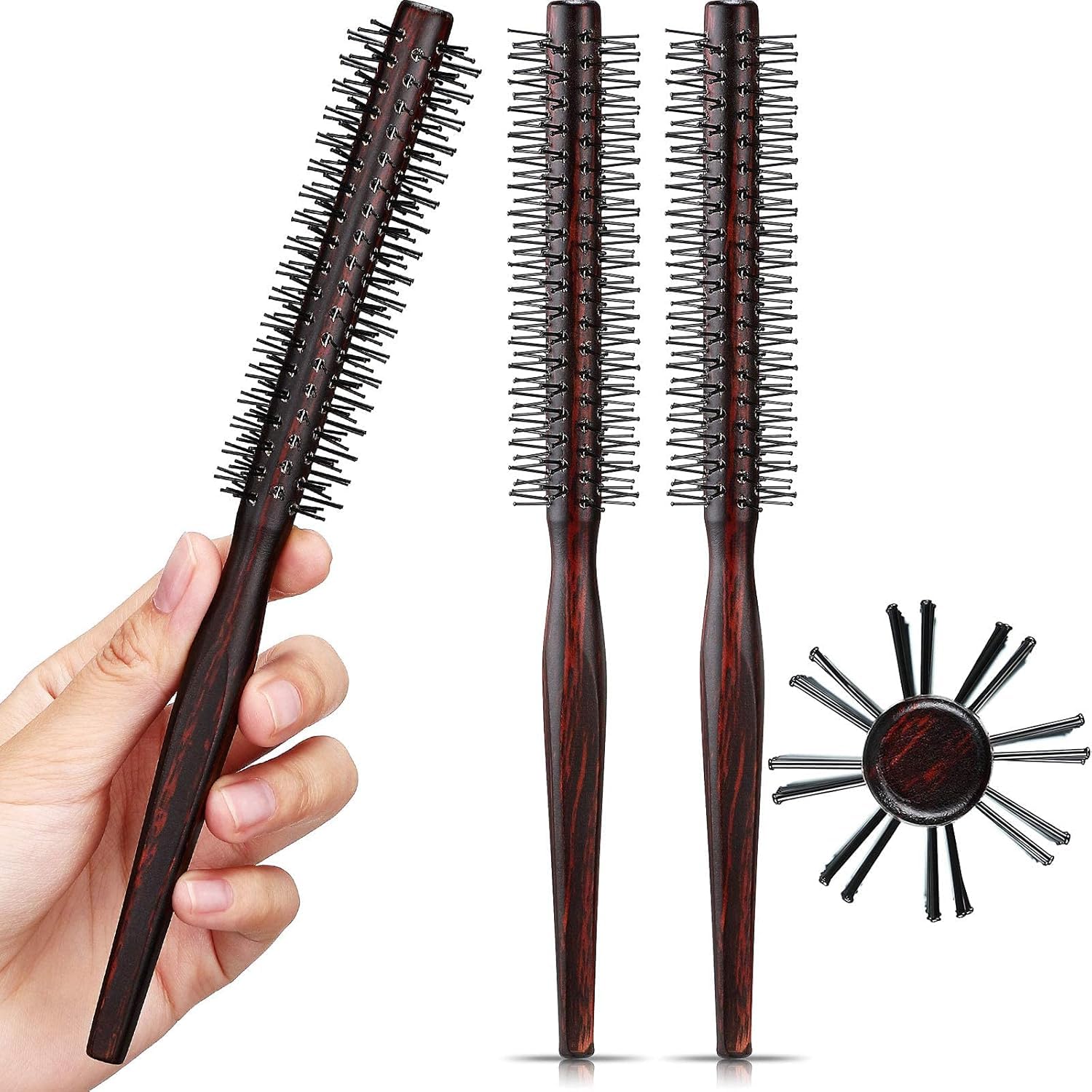 Kleine Rundbürste für kurzes Haar, 2,5 cm Stylingbürste mit Nylonborsten und Holzgriff für Pixie-Schnitte, Pony, feines Haar, Locken und Volumen, 3 Stück