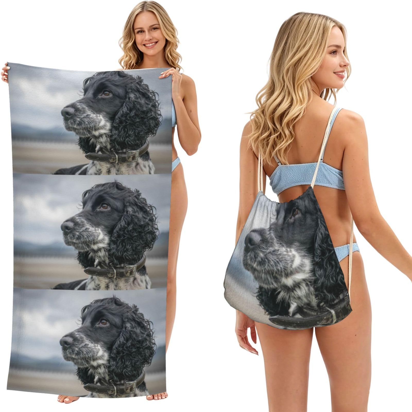 Poadnly As Picture English Cocker Spaniel Large Curly Ears Black, 2 In 1 Packable Towel Bag, Beach Towels With Drawstring Backpack For Travel Holiday Camping