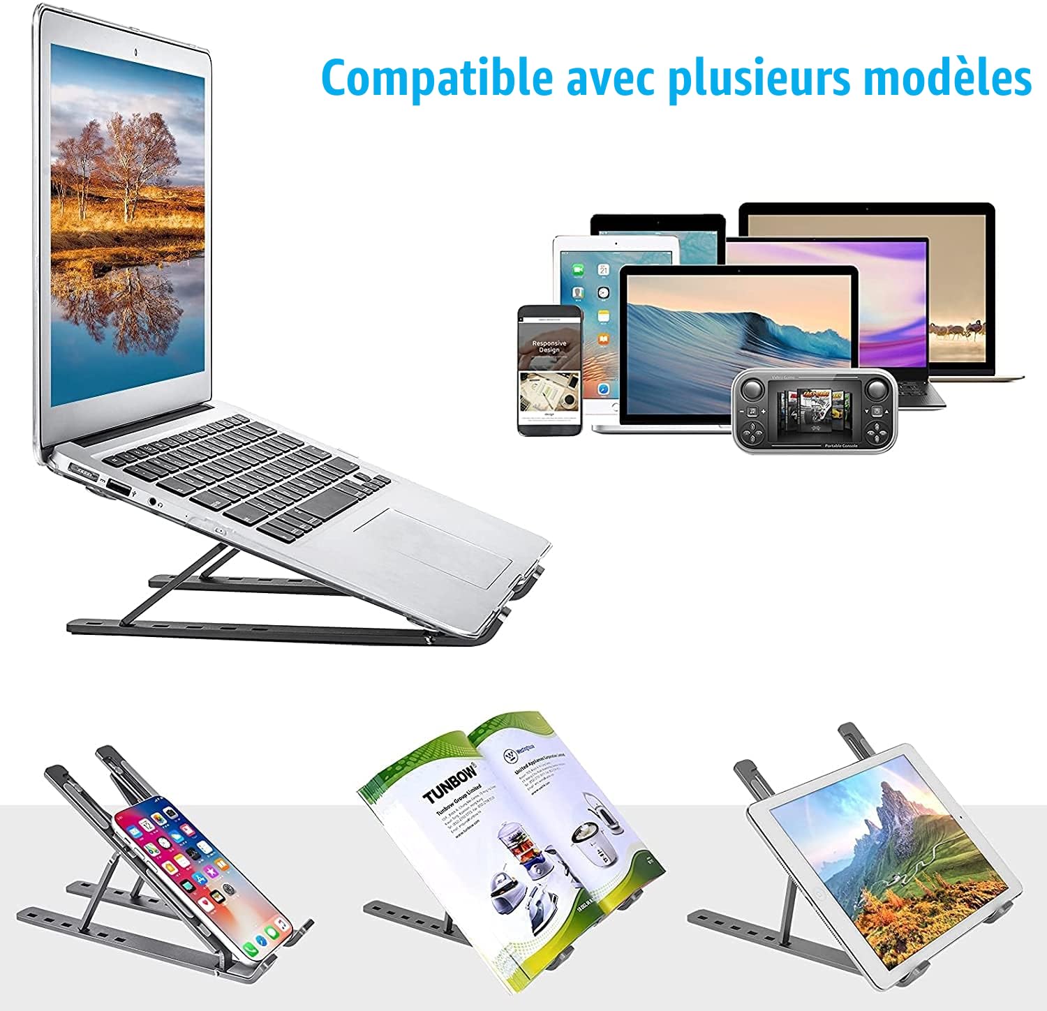 Support Ordinateur Portable Ventilé en Aluminium Réglable, Refroidisseur Ergonomique Compatible MacBook Air HP Dell 10-17.3 Pouces Noir