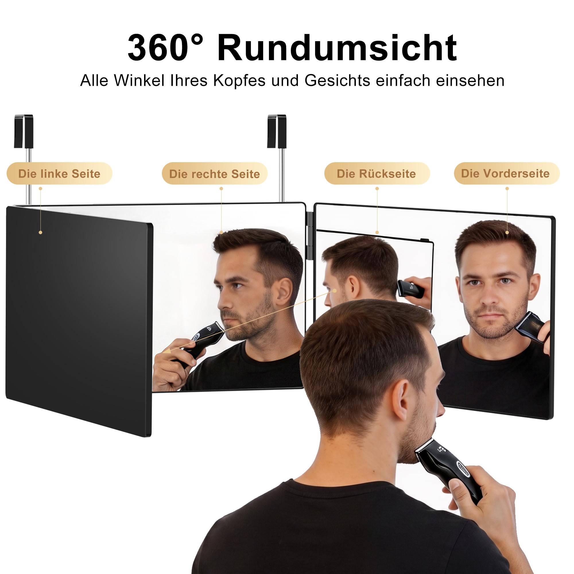Alsonerbay Miroir à 360 degrés - Crochet télescopique réglable - Miroir de coupe automatique pour homme - 3 piques pour couper les cheveux