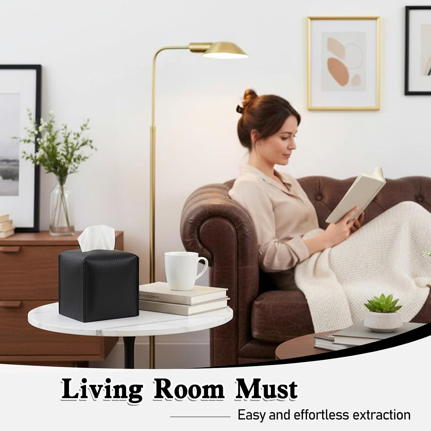2 Pack Black Tissue Box Cover, PU Leather Square Tissue Box Holder with Bottom Belt, 5.3x5.3x5.3 Inch Decorative Organizer for Bathroom, Car, Office & Nightstand