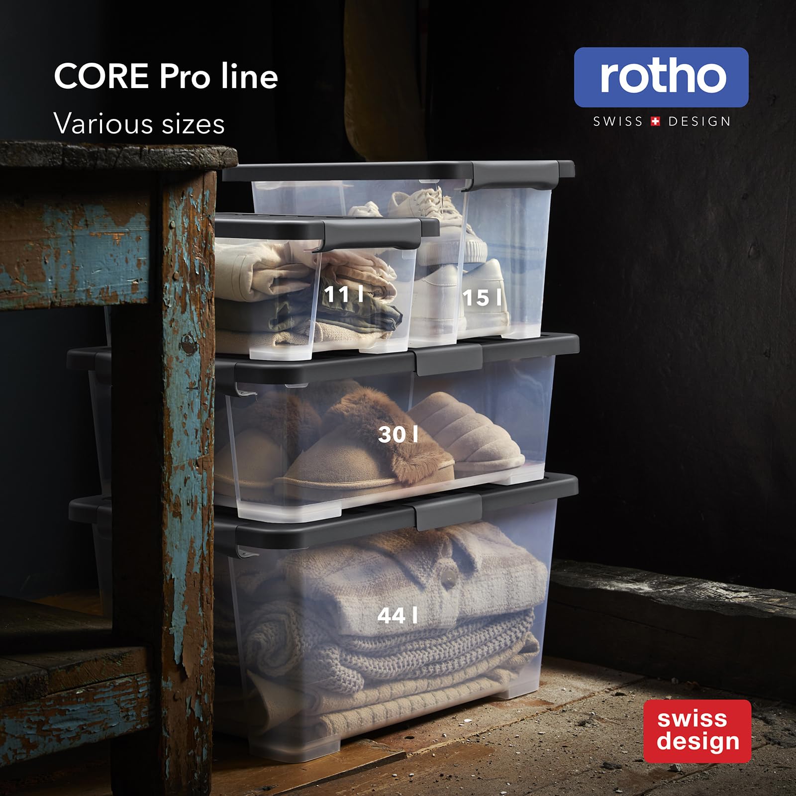Rotho CORE Pro 4x Cajas de Almacenamiento Herméticas 15 l con Tapa | Contenedores apilables de 39,3x28,3x23 cm, cierre de seguridad con sello y código QR para gestión digital mediante App