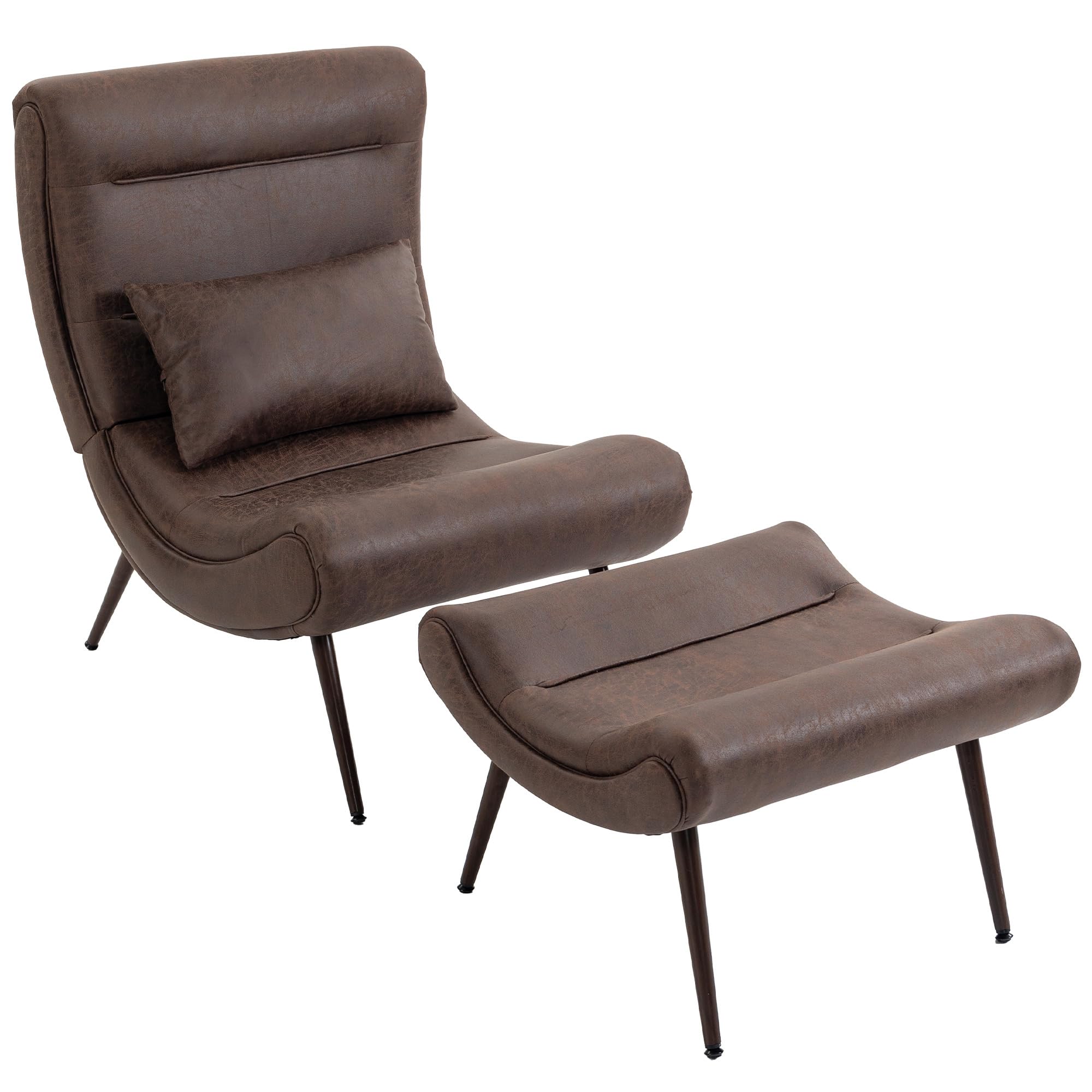 HOMCOM Modern Accent Chair with Footstool 64cm Wide Seat, Study, Dark Brown | Upholstered Lounge Chair, Lumbar Pillow, Trapezoidal Backrest, Wood-Effect Steel Legs, Reading Seat, Living Room