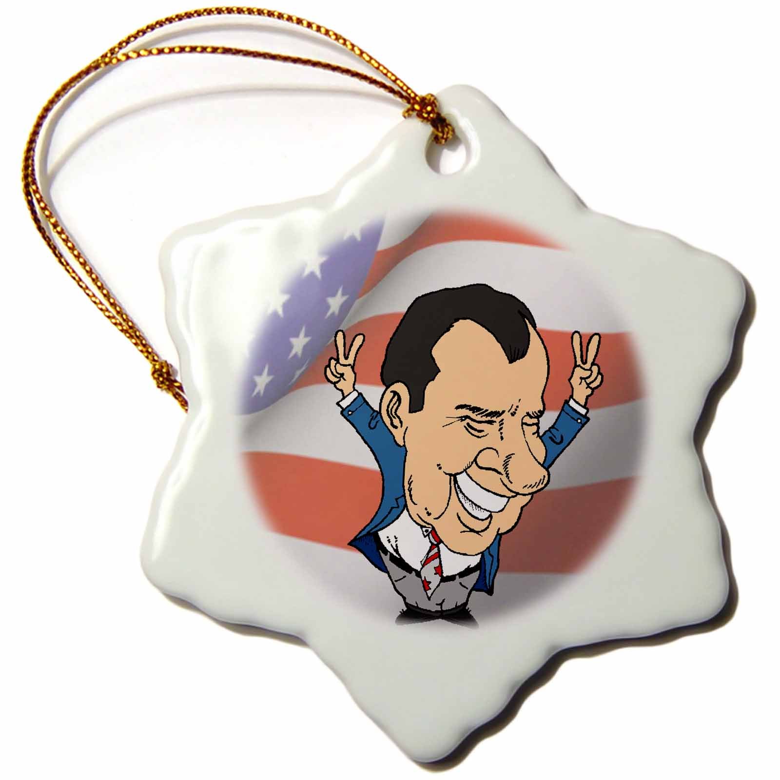 3dRose ORN_61141_1 President Richard Nixon with American Flag Snowflake Porcelain Ornament, 3-Inch