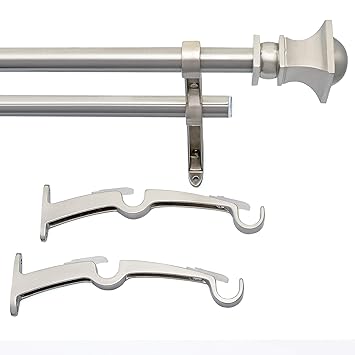 Deco Window 1 Pc 52?-144? Extendable Double Curtain Rod with Brackets for Door & Windows Adjustable Length Heavy Duty Iron Dual Telescopic Drapery Pole with Half Round Finials (19mm Diameter, Satin Silver)